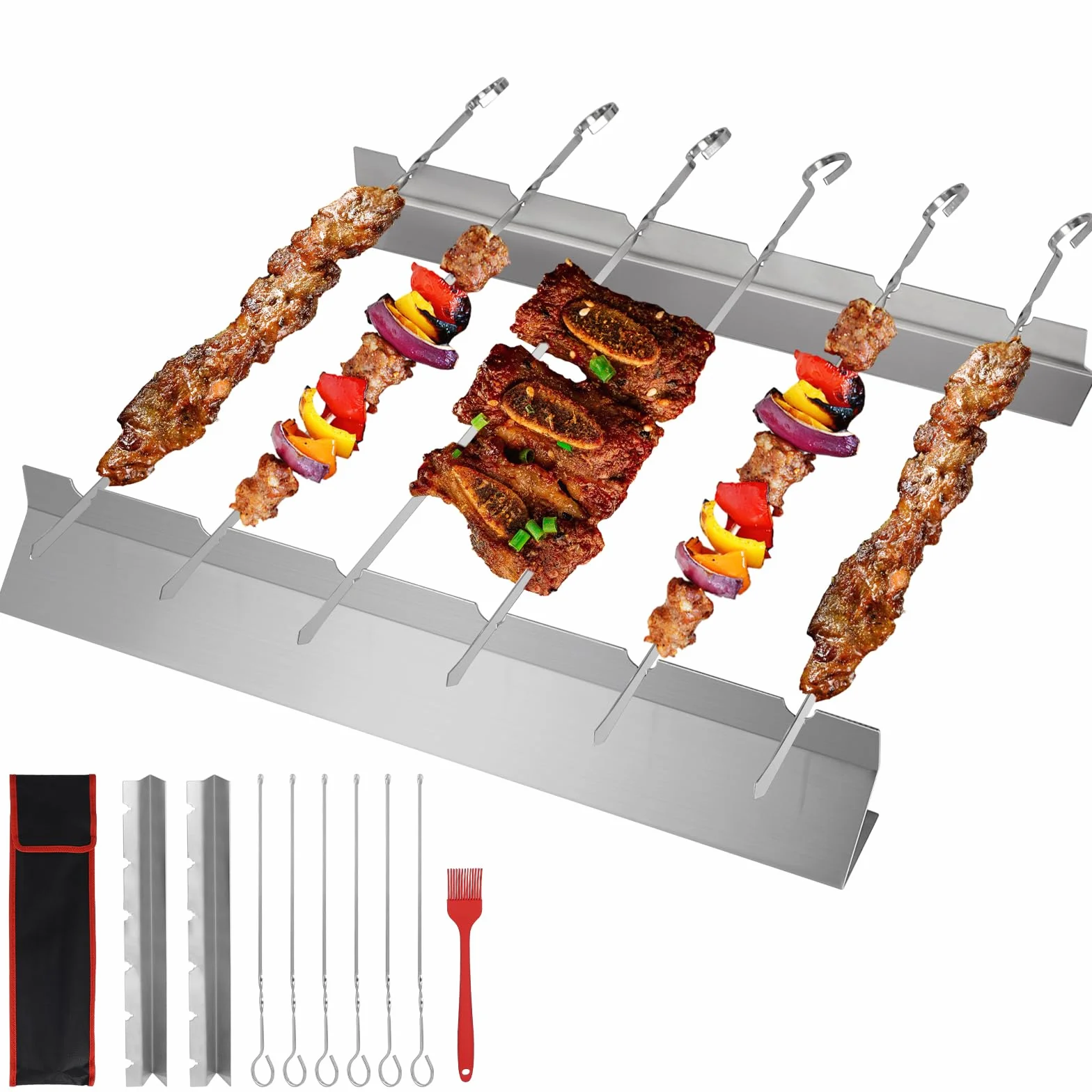 LALAGO 6 sztuk 39,5 cm Kabob szpikulec do grilla ze stojakiem, długie szpikulce do grilla ze stali nierdzewnej, rama grillowa ze szczotką i torbą do grilla na węgiel drzewny i elektrycznym