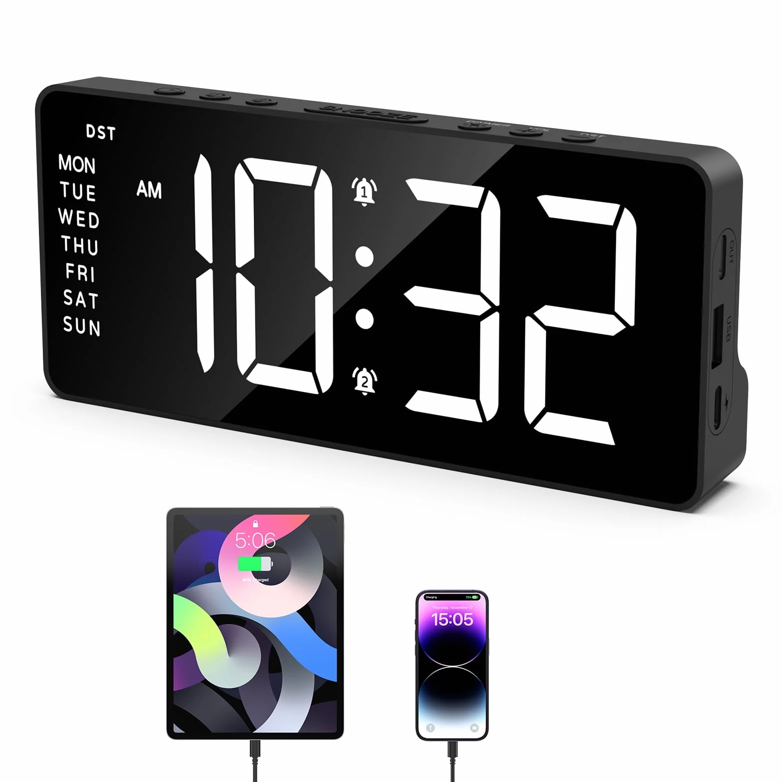 ORIA Cyfrowy budzik i nocne budziki LED, 5-poziomowy zegar z jasnością, 2 porty USB, drzemka, data, 12/24 h, podwójne alarmy (kabel 1,5 m w zestawie)