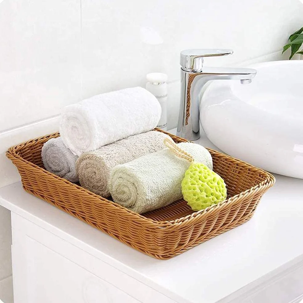 Yarlung Tkany kosz na chleb, plastikowe wiklinowe kosze na owoce, 40 x 30 cm, imitacja rattanowych tacek do serwowania żywności do warzyw, kuchni, restauracji, na zewnątrz, brązowy