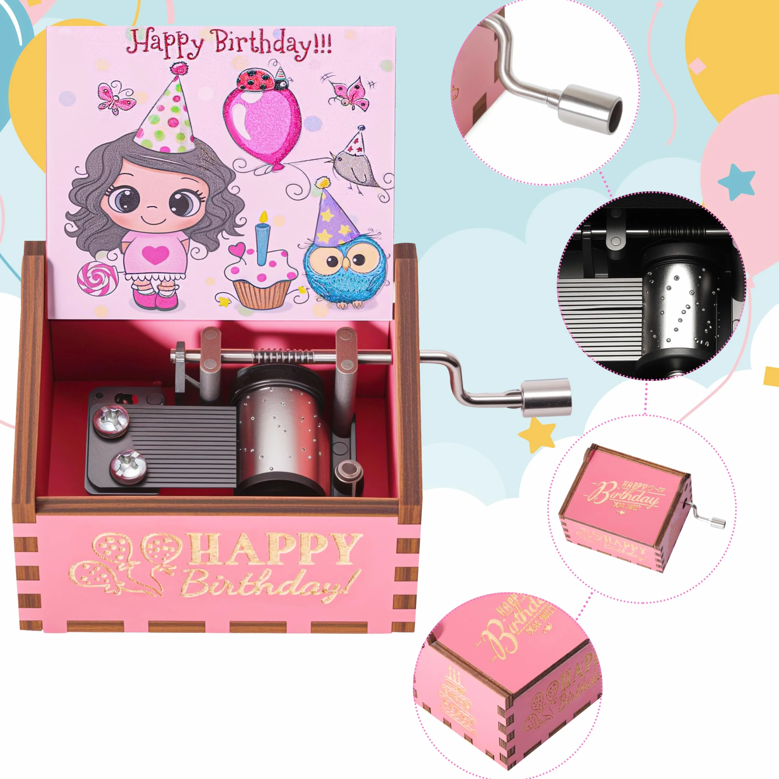 Różowa korba drewniana pozytywka z muzyką Happy Birthday Vintage Muzyczny prezent na urodziny rocznicę Boże Narodzenie dla dzieci przyjaciele