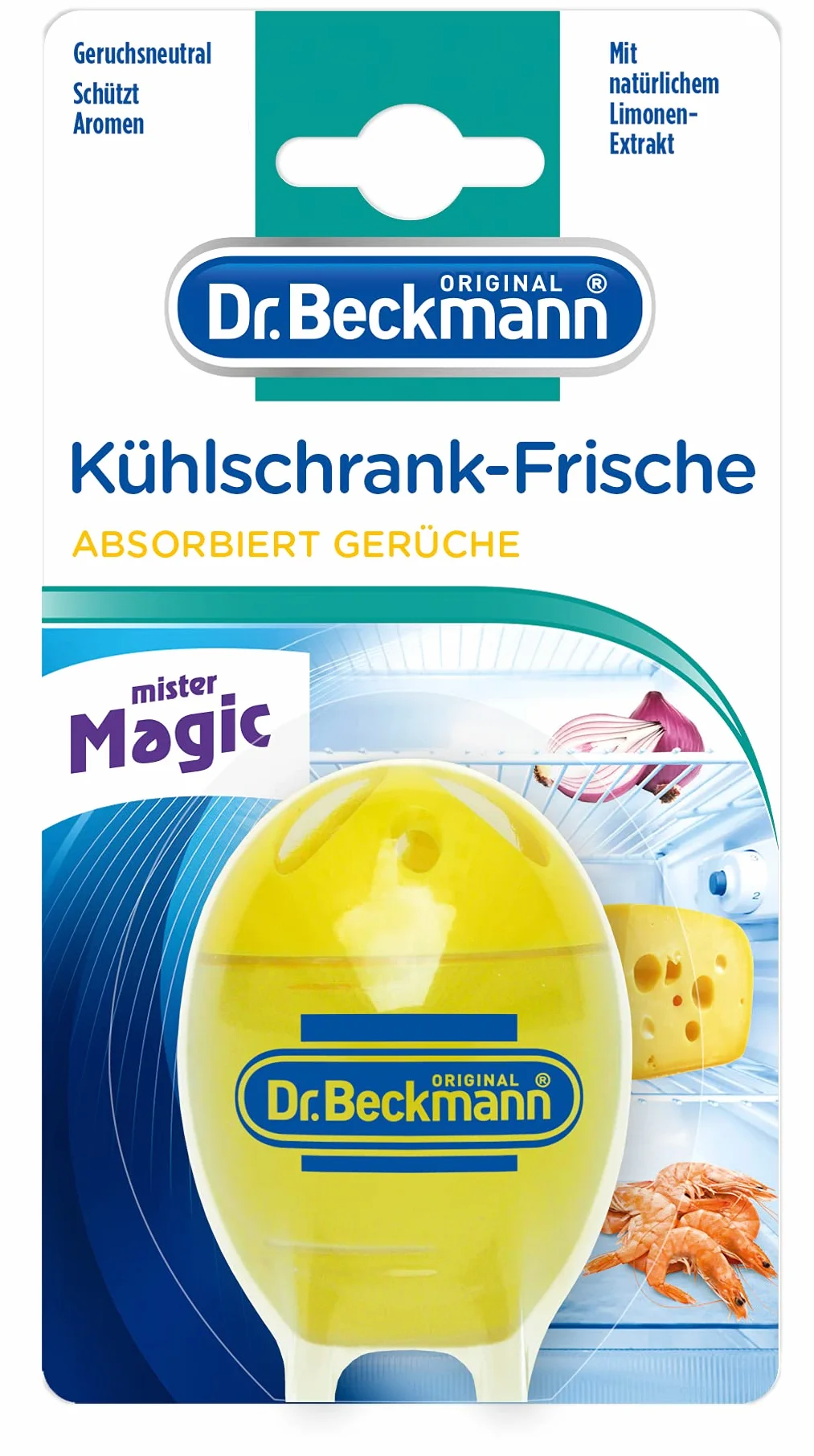 Dr. Beckmann Świeżość lodówki, dezodorant do lodówki, skutecznie neutralizuje zapachy, z naturalnym ekstraktem z limonki i bio-alkoholem, 1 x 40 g