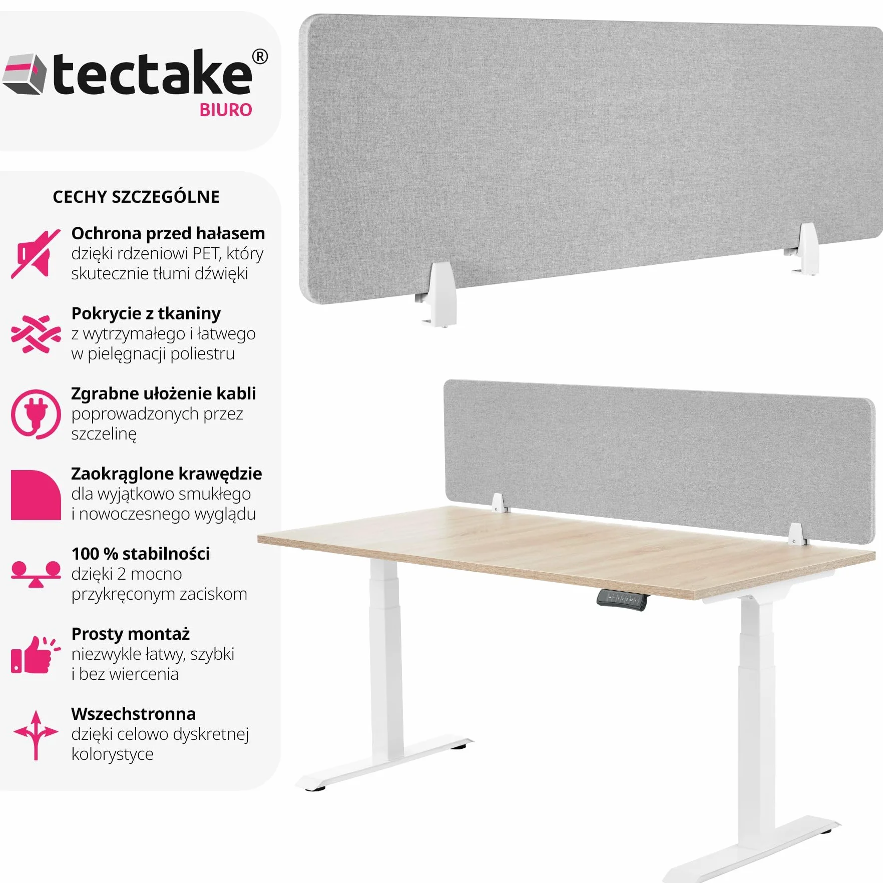 tectake® Panel Dźwiękochłonny na Biurko, Izolacja Akustyczna, Łatwy Montaż bez Wiercenia 160 x 40 cm (Szary)