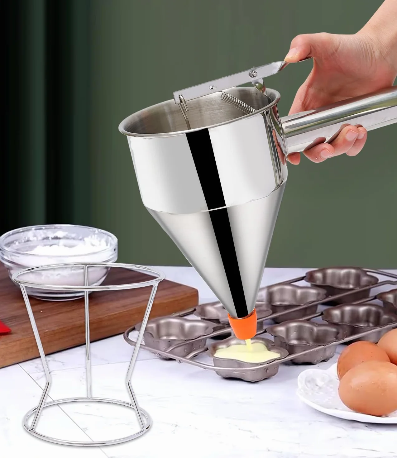 Lejek kuchenny, lejek tłokowy ze stali nierdzewnej o pojemności 1,2 litra, dozownik do ciasta ze stojakiem i 4 silikonowymi dyszami, do ciast, muffinów, gofrów, naleśników