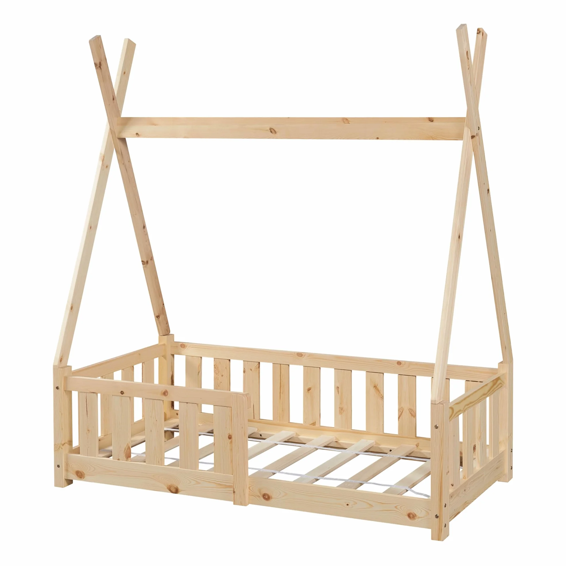 [en.casa] Helsingborg łóżeczko dziecięce 70 x 140 cm, z zabezpieczeniem przed wypadnięciem, stelaż lamelowy, namiot tipi, łóżko młodzieżowe, rama łóżka z drewna sosnowego, drewniane łóżko dla dzieci