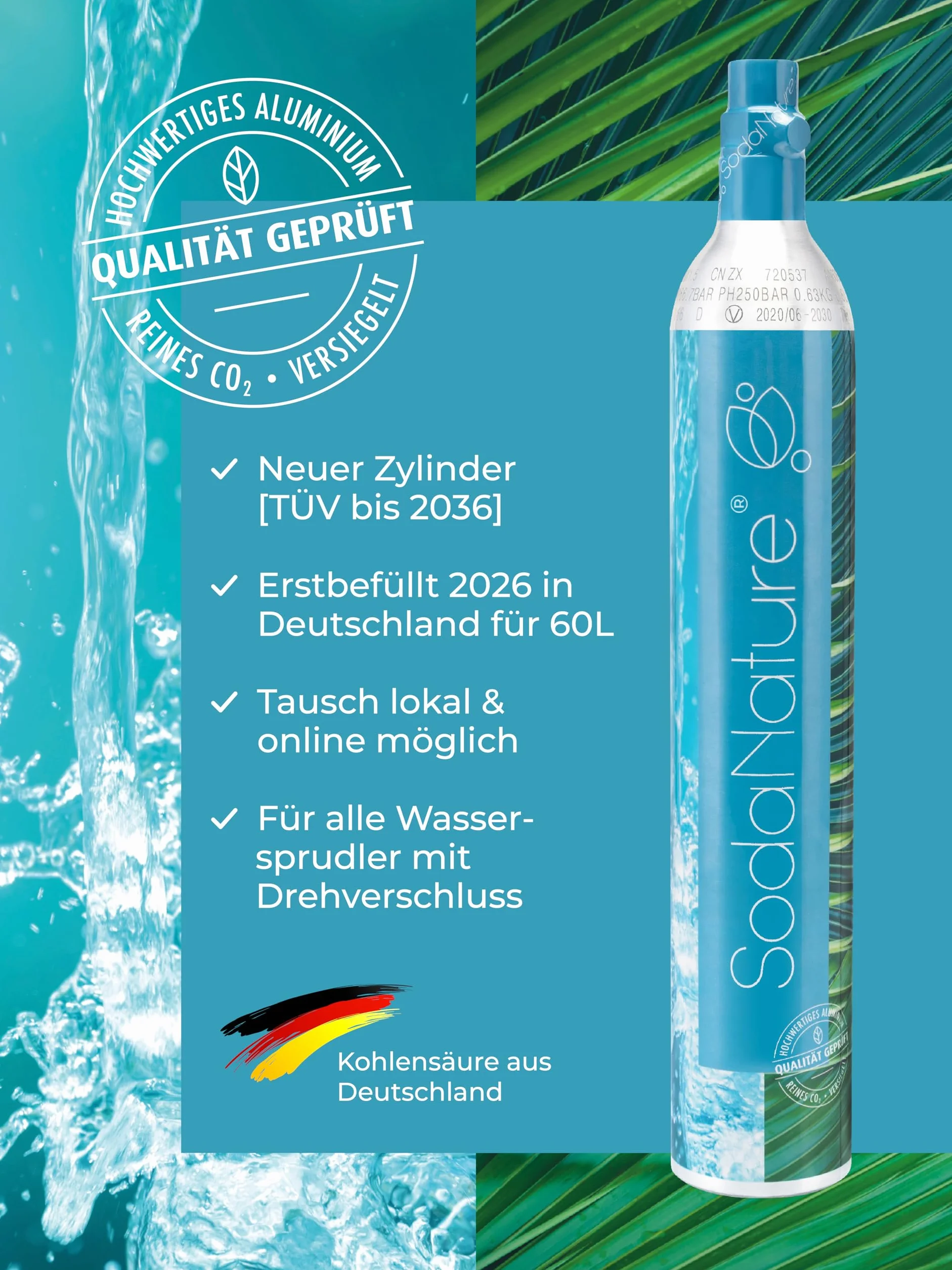 SodaNature | 2 x Premium 60 l CO2 cylindry do SodaStream (z wyjątkiem QC), Aarke itp. | nowy i po raz pierwszy napełniony w Niemczech | naturalny dwutlenek węgla do 2 x 60 l | TÜV do 2035 [425 g]