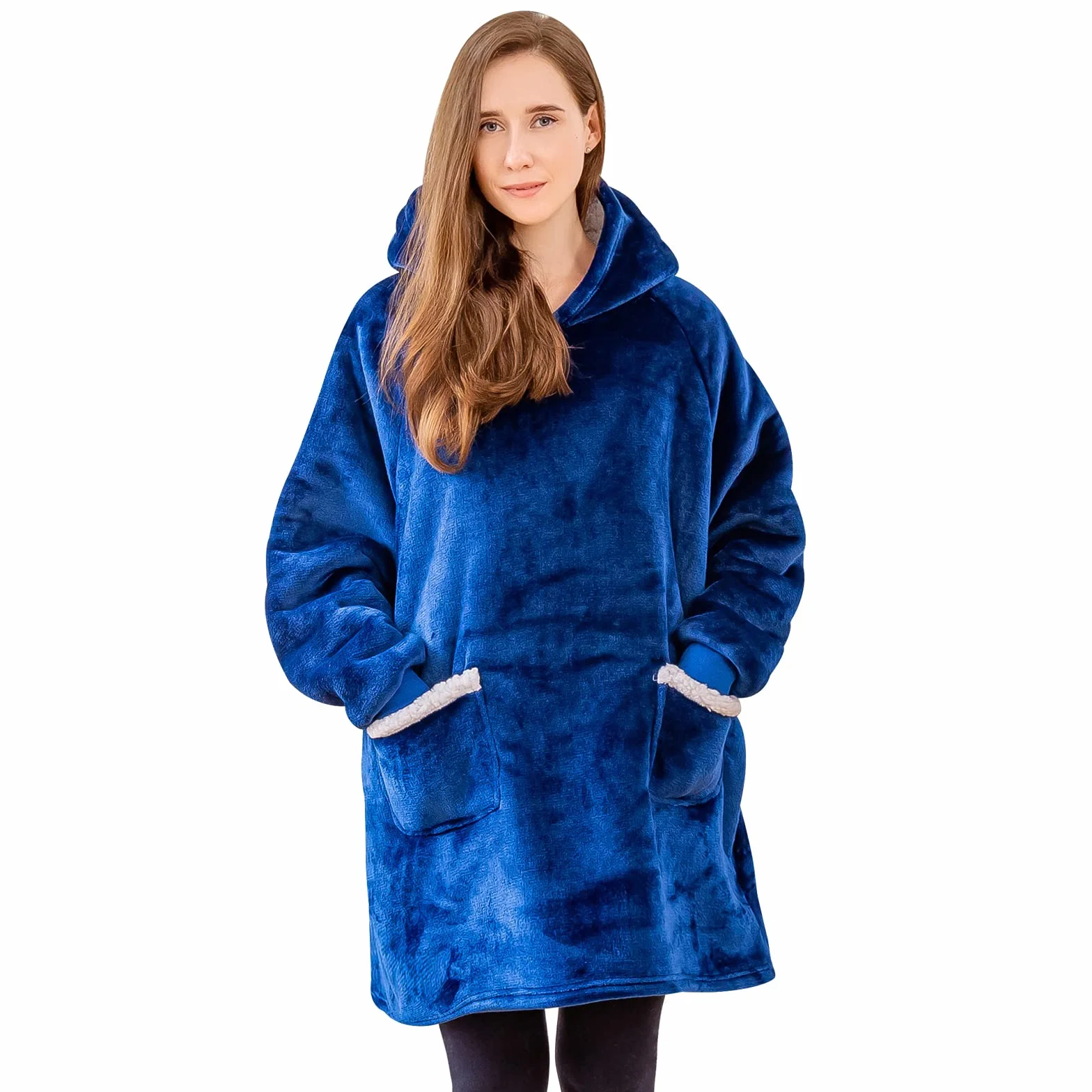 Aisbo Sherpa polarowy koc z kapturem dla kobiet, ponadwymiarowy, do noszenia, dla mężczyzn, dorosłych, ciepły, gruby koc z kapturem, prezent dla kobiet, niebieski, 112 x 94 cm