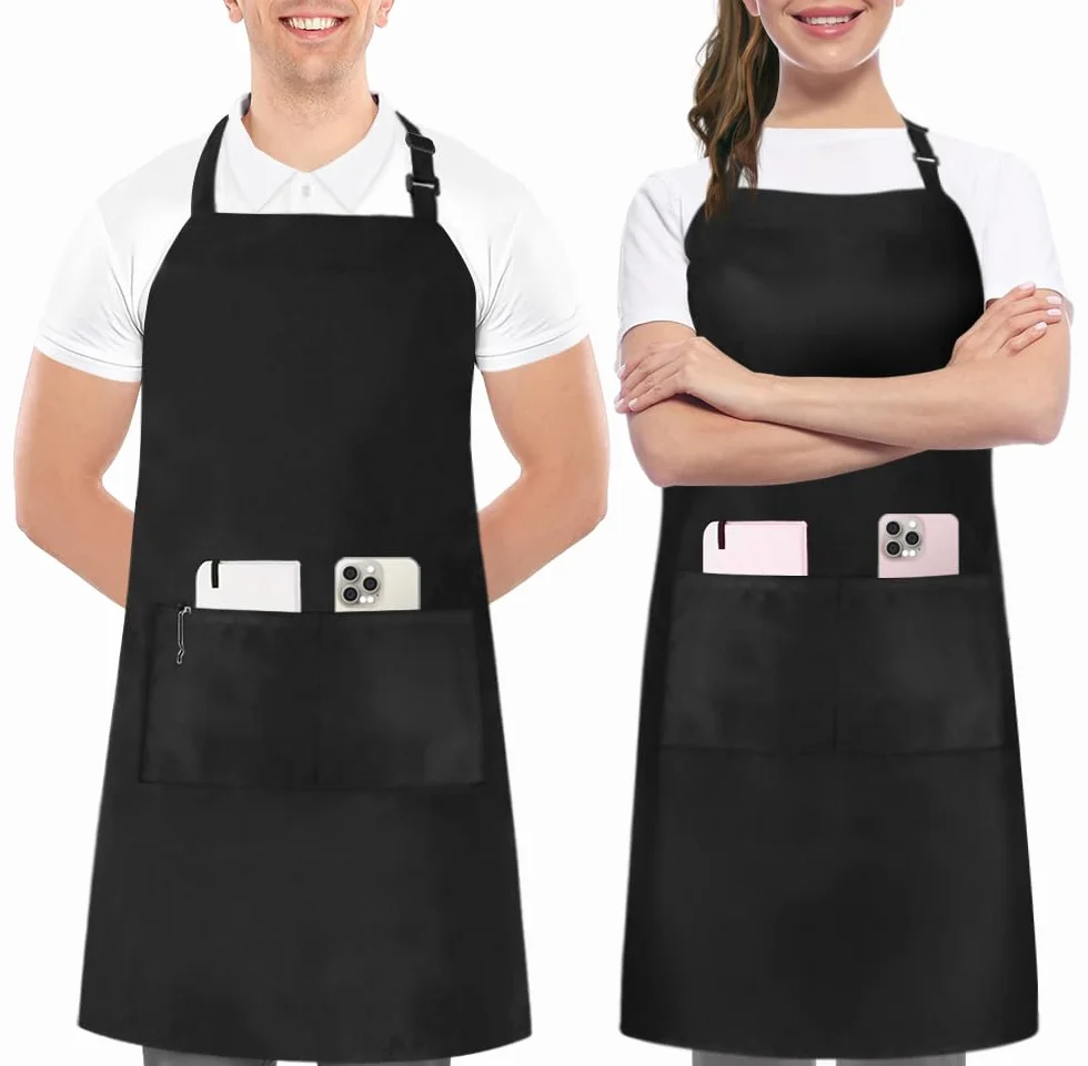 Utopia Kitchen Fartuch kuchenny, regulowany z 2 kieszeniami, odporny na wodę i olej, fartuch szefa kuchni dla kobiet mężczyzn, 2-pak