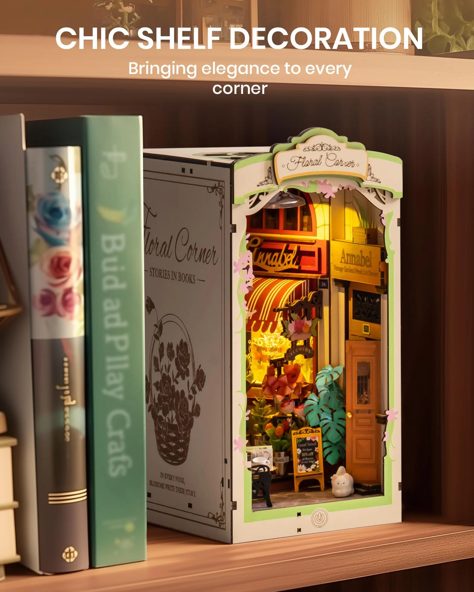 ROBOTIME Zestawy do zakamarków dla dorosłych, kwiatowy narożnik z osłoną przeciwpyłową, Booknook, DIY, miniaturowy zestaw do domu, 3D, drewniane, puzzle, podpórka na książki, półka, dekoracja,