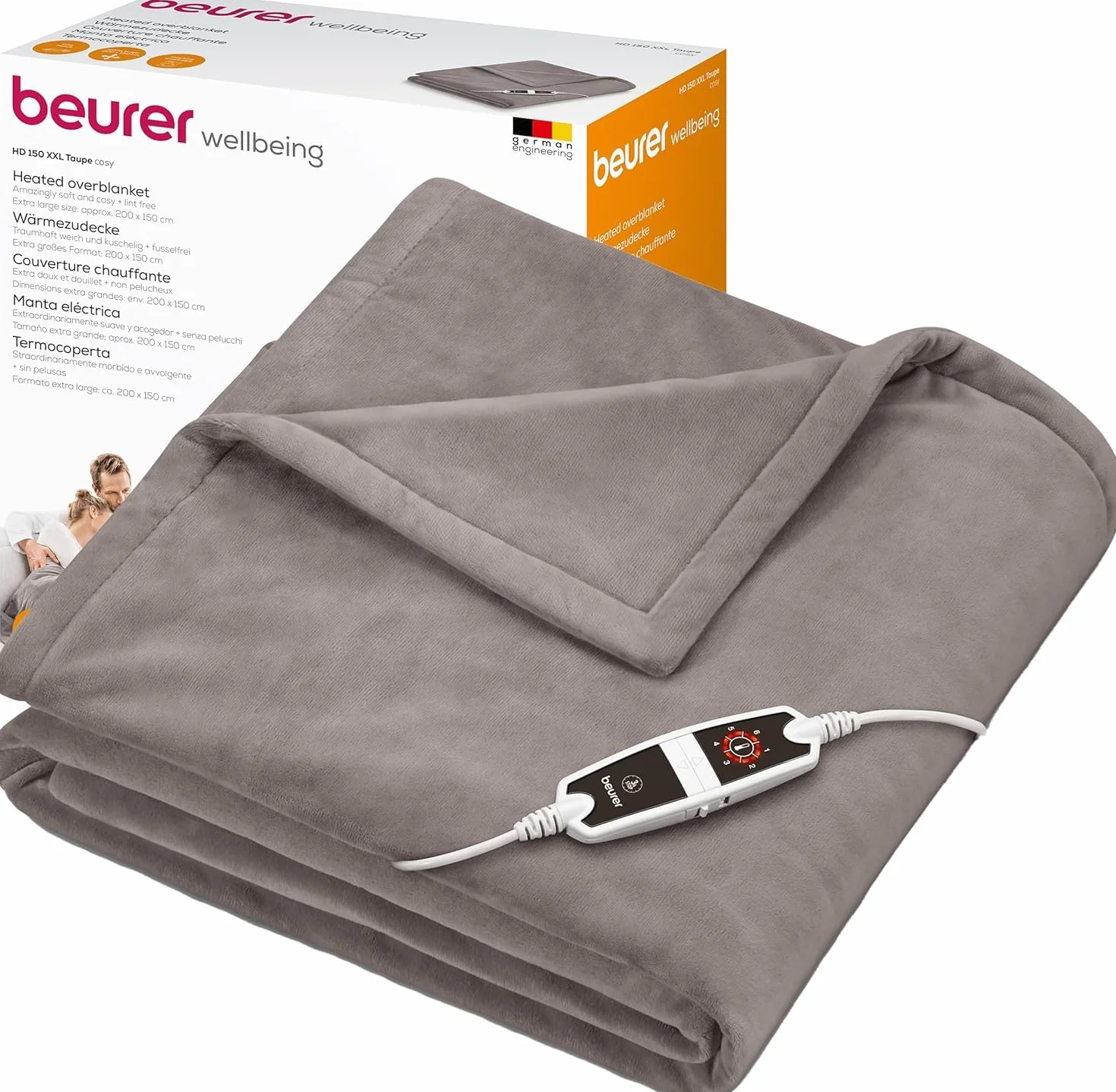 Beurer HD 150 XXL Taupe koc grzewczy, elektryczny koc z automatycznym wyłączaniem, 200 x 150 cm, 6 ustawień temperatury, możliwość prania w pralce, przytulny koc o wyglądzie futra, beżowy / brązowy