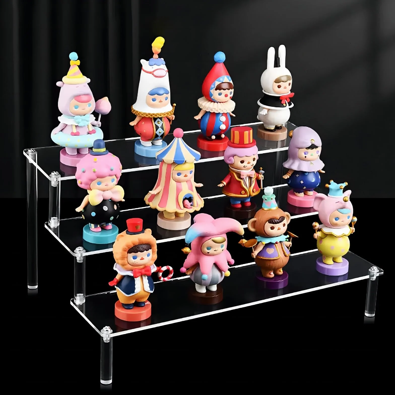 3-poziomowy stojak schodowy z akrylu, witryna do kolekcjonowania figurek pop, przezroczysty uchwyt figurki do prezentacji figurek, lakier do paznokci, lalka, kosmetyki (30 x 21 x 14,5 cm)