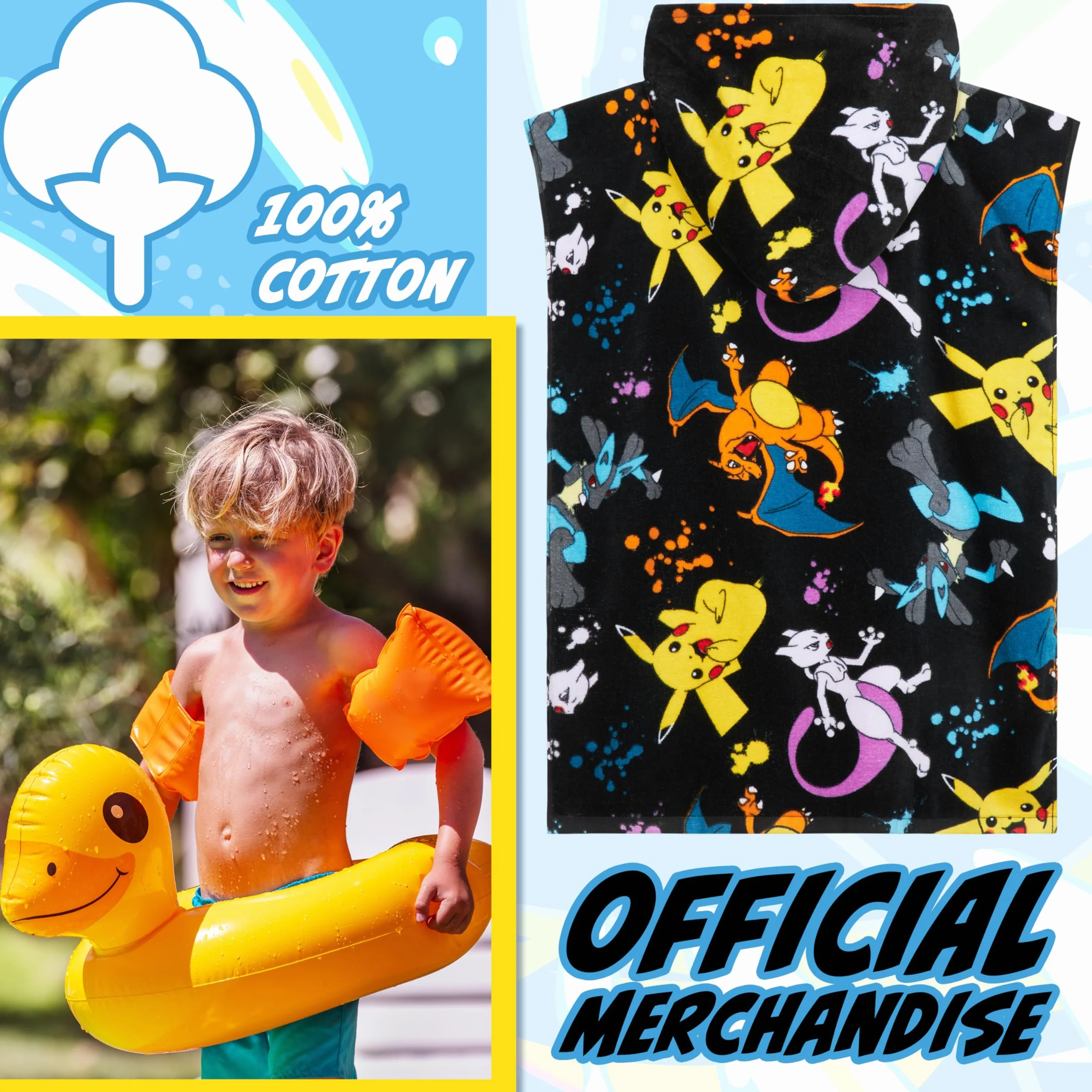 Pokémon Ponczo kąpielowe Pikachu Ręcznik plażowy z bawełny dla dzieci 6-9 lat Czarny/Wielokolorowy