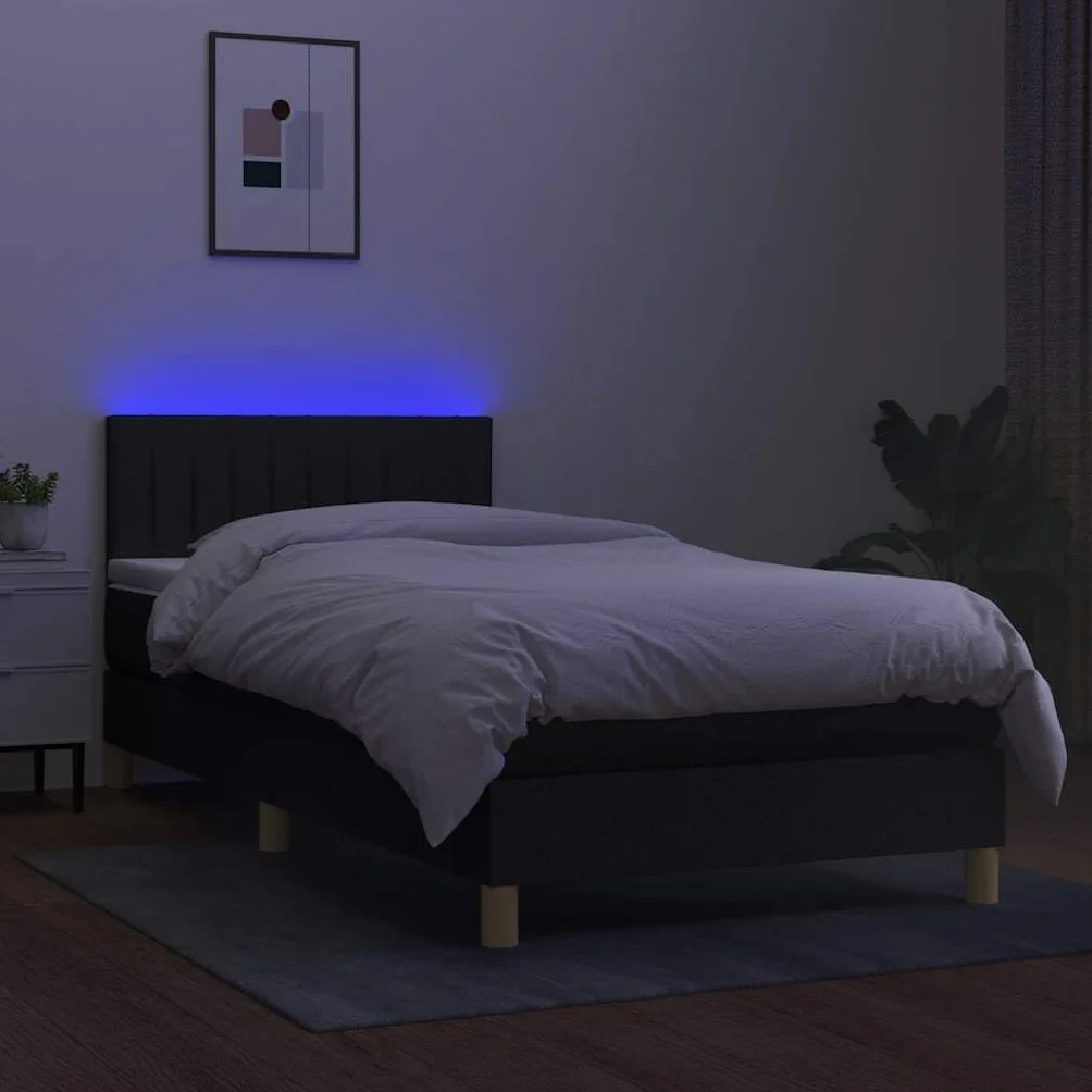 Z materacem z diodami LED regulowany zagłówek 80x200 cm czarny | Łóżko kontynentalne z materacem sprężynowym LED czarne 80x200 cm tkanina z zagłówkiem