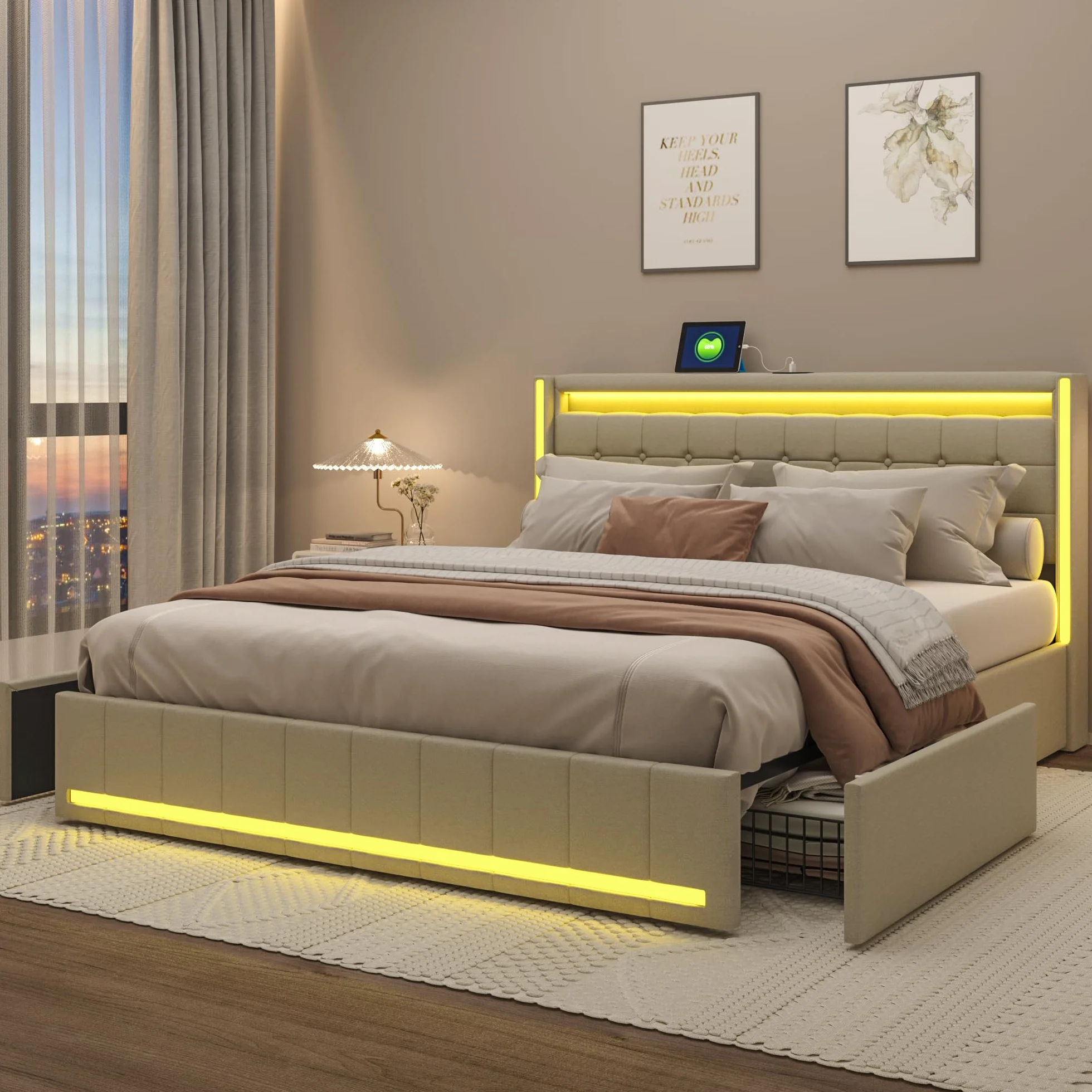 BRILVERDE Łóżko tapicerowane, podwójne 140 x 190 cm z miejscem do przechowywania, łóżko z 4 szufladami, zagłówek LED, z funkcją ładowania USB, lniane (beżowe, 140 x 190 cm)
