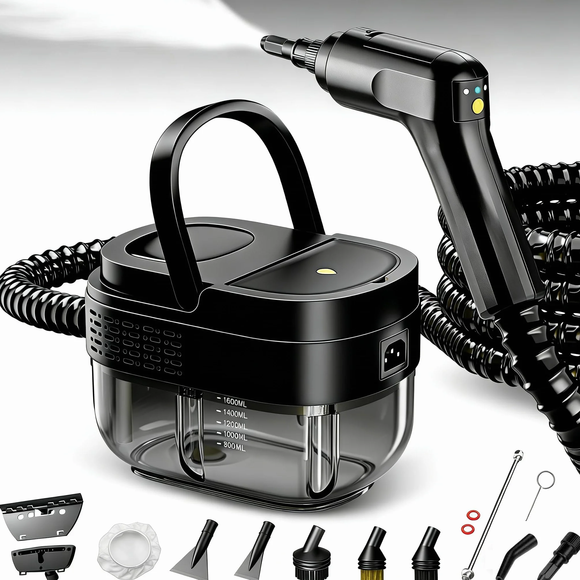 Ręczna myjka parowa 2500 W, zbiornik na wodę 1600 ml, 3-stopniowa regulacja uchwytu, wysoka temperatura 105℃ i ciśnienie 3 bar, szybkie nagrzewanie w 15 sek., 10 akcesoriów, do samochodu/okna/kuchni