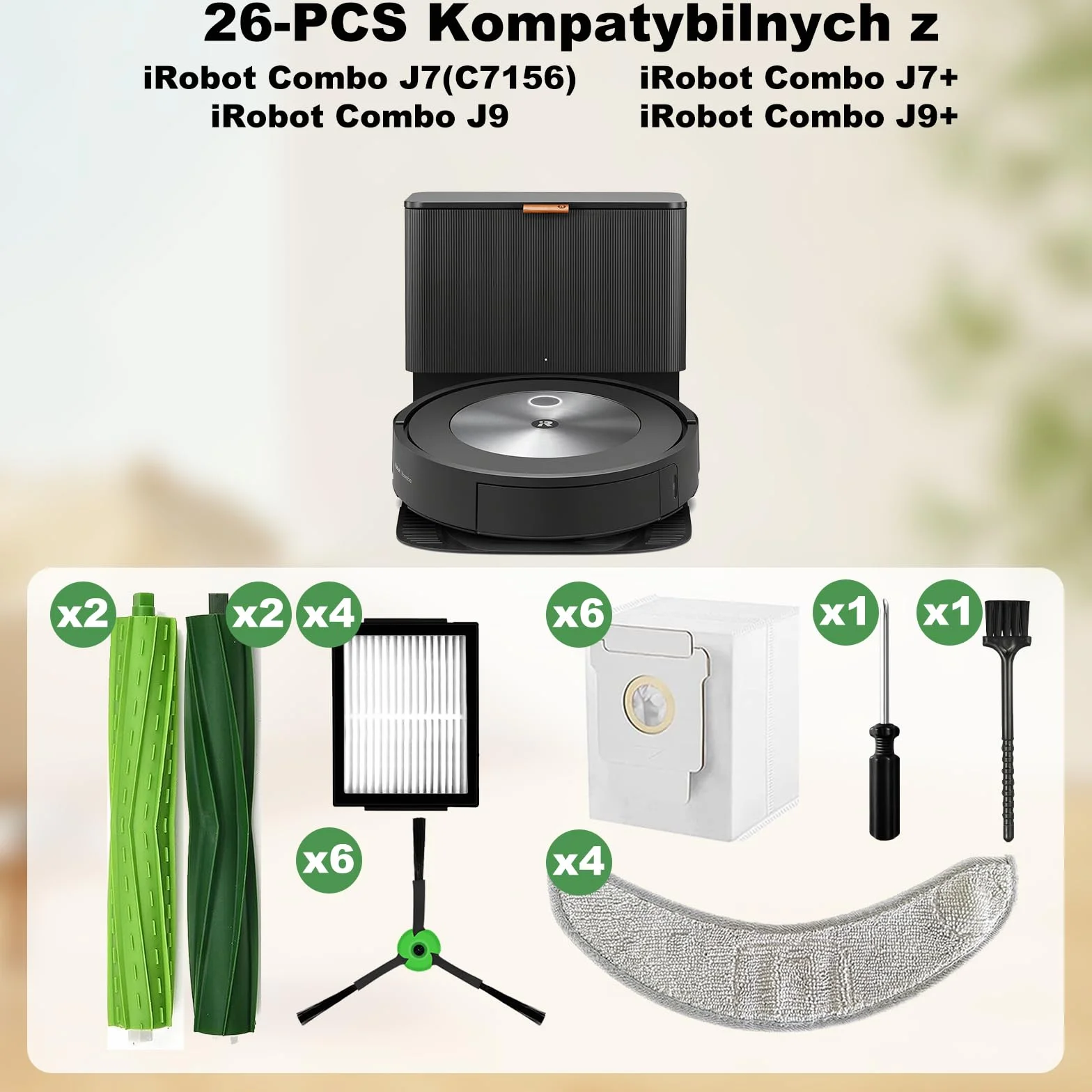 Zestaw 26 akcesoriów do iRobot Roomba Combo j7+ j9+ 10 Max robot odkurzający 4 szczotki rolkowe 6 szczotek bocznych 4 filtry HEPA 4 ściereczki