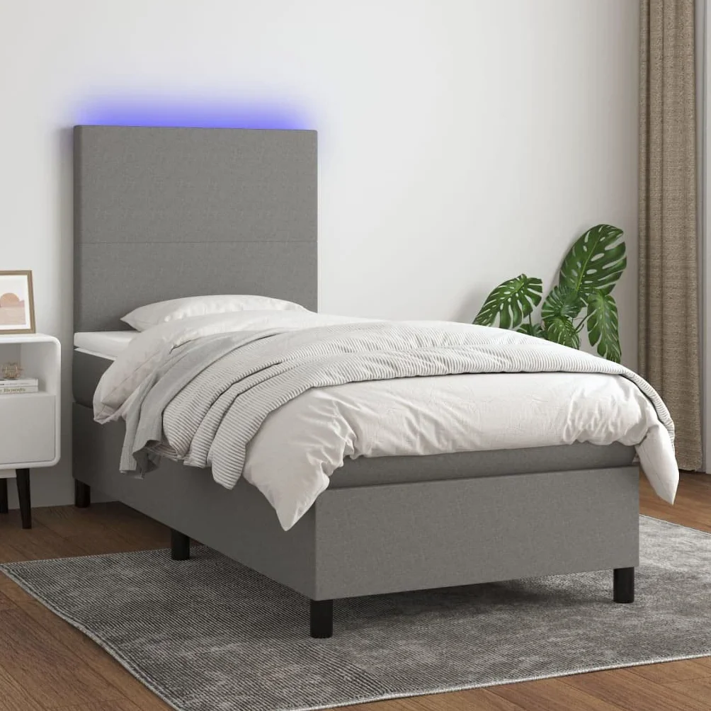 Tkanina z regulowanym zagłówkiem z diodami LED 100x200cm Szary | Łóżko kontynentalne z materacem LED ciemnoszara tkanina 100x200cm regulowany zagłówek sprężyny kieszeniowe