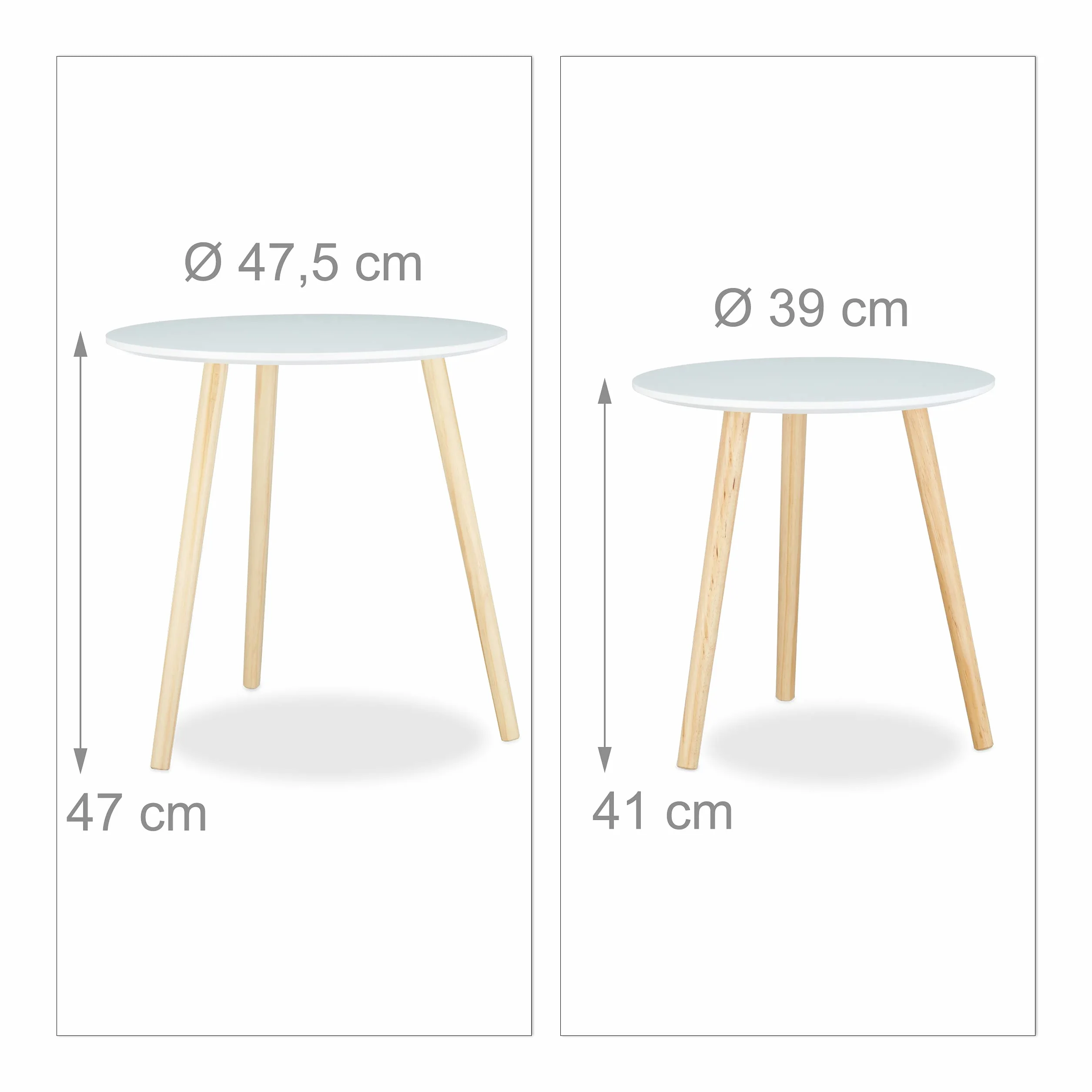 Relaxdays zestaw 2 stolików nocnych, skandynawski design z lat 70-tych, średnica 39 i 47,5 cm, biały