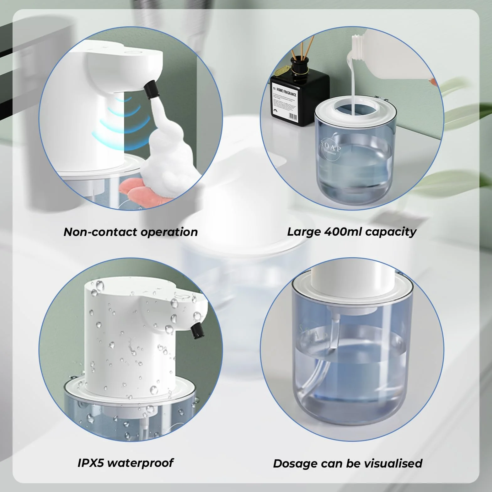Automatyczny Dozownik Piany Myjącej 400ml Bezdotykowy IPX5 Ładowanie USB Biały