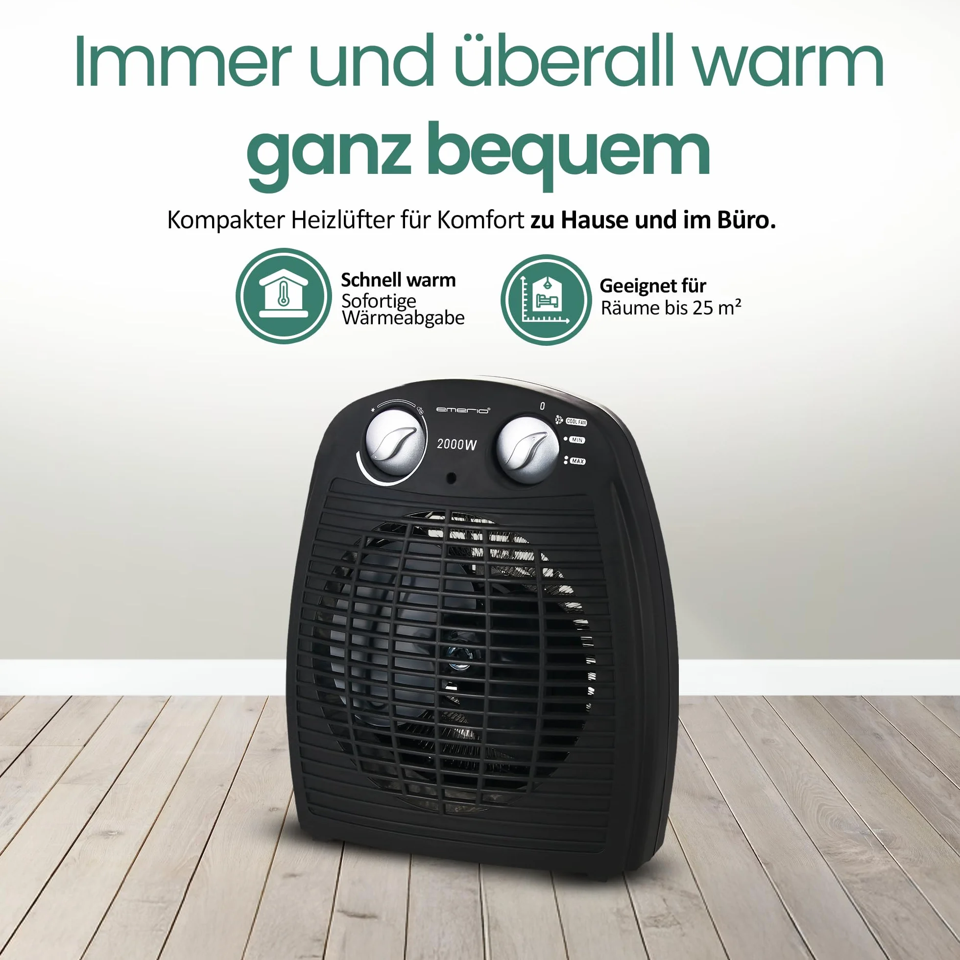 Emerio Note 1.5 Termowentylator, Czarny, 20 m2