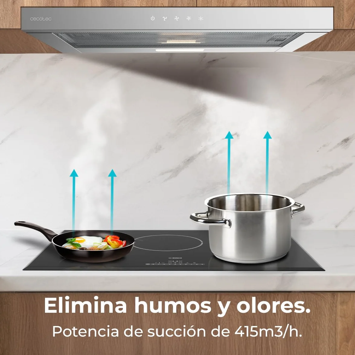 Cecotec Okap teleskopowy 60 cm Bolero Flux TLT 604000 Inox A+++. Przyssawka 415 m3/h, silnik DC, 3 stopnie prędkości, sterowanie dotykowe, wykończenie ze stali nierdzewnej, światło LED, filtry