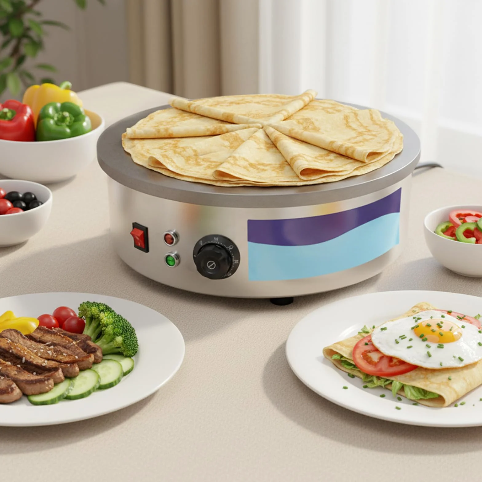 Elektryczna maszynka do naleśników, 45 cm, 3000 W, gastronomiczna – profesjonalna żeliwna płyta do naleśników i piekarni do smażenia naleśników, yufka i naleśników, 50-300°C, z łopatką i rozdzielaczem