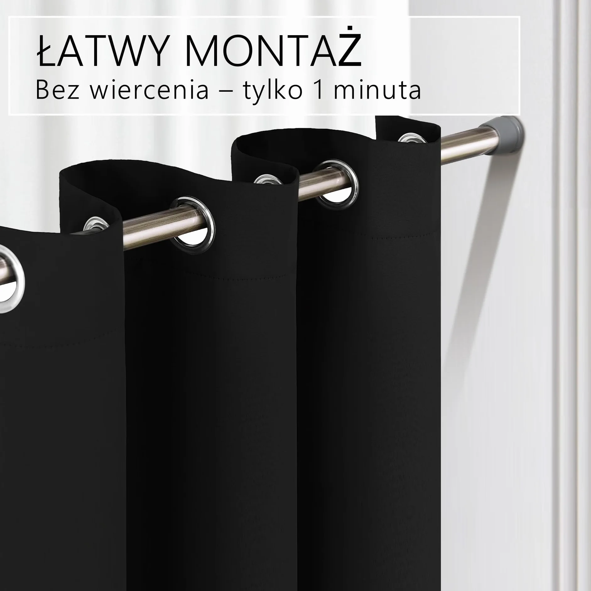 Zasłona do drzwi z drążkiem teleskopowym, łatwy montaż w 1 minutę bez wiercenia (czarna zasłona drzwiowa + srebrny drążek, zasłona 200 x 150 cm (wys. x szer.) + drążek 70–120 cm)