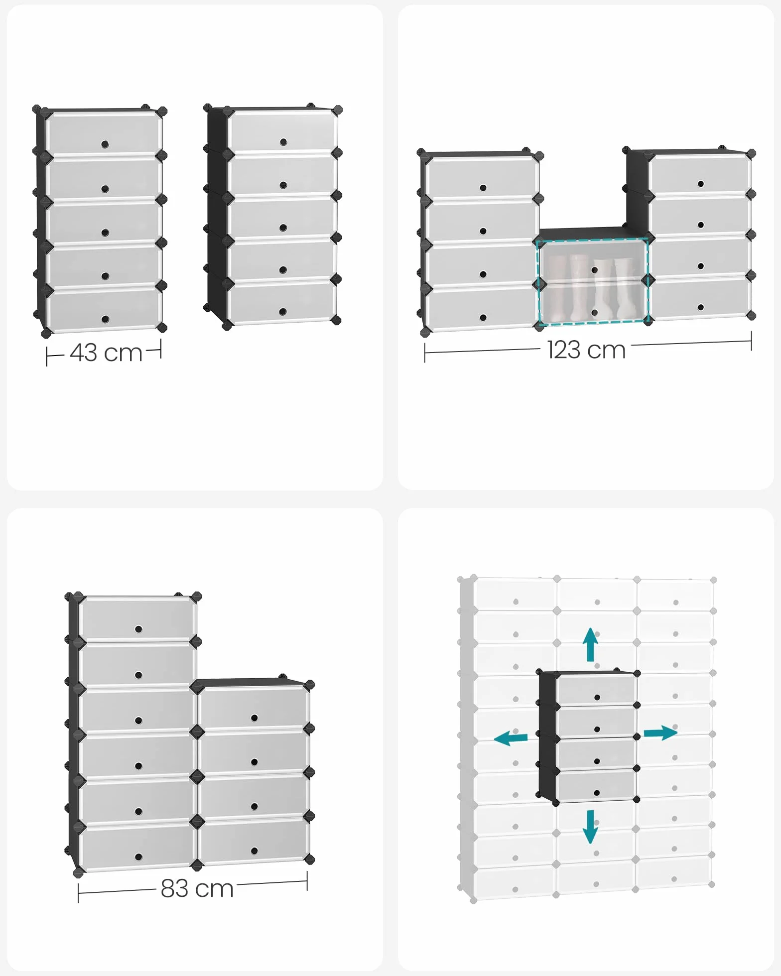 SONGMICS Zamykany stojak na buty, prostokątny organizer, 10-szczelinowy modułowy regał do przechowywania DIY, każdy moduł 40 x 30 x 17 cm, szafa z tworzywa sztucznego z drzwiami, czarny LPC10HV1