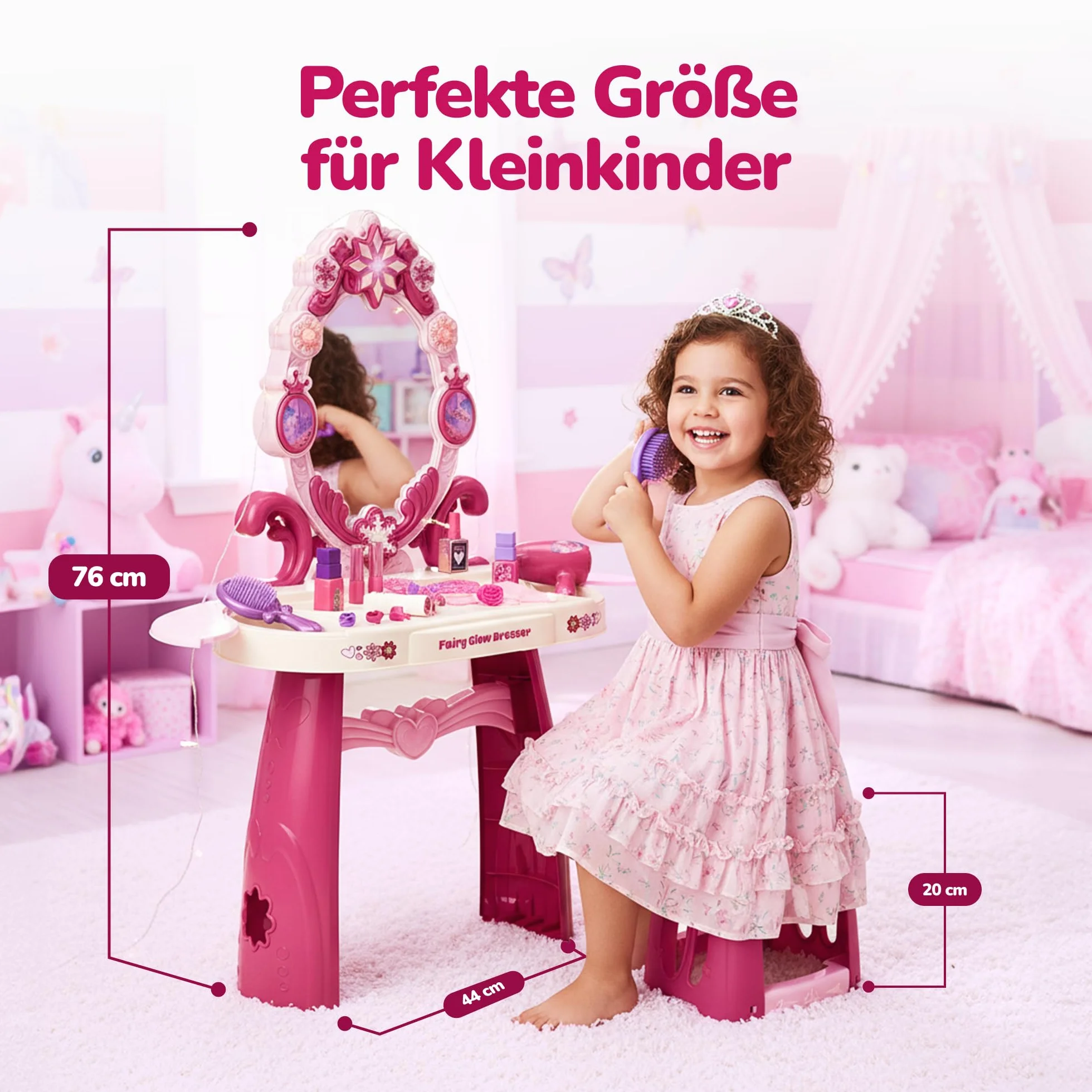 Kinderplay Fairy Glow Dresser toaletka dla dzieci z oświetleniem i dźwiękiem – zabawka dla dziewczynek od 3 lat – zestaw do makijażu dla dzieci z lustrem i 32 akcesoriami