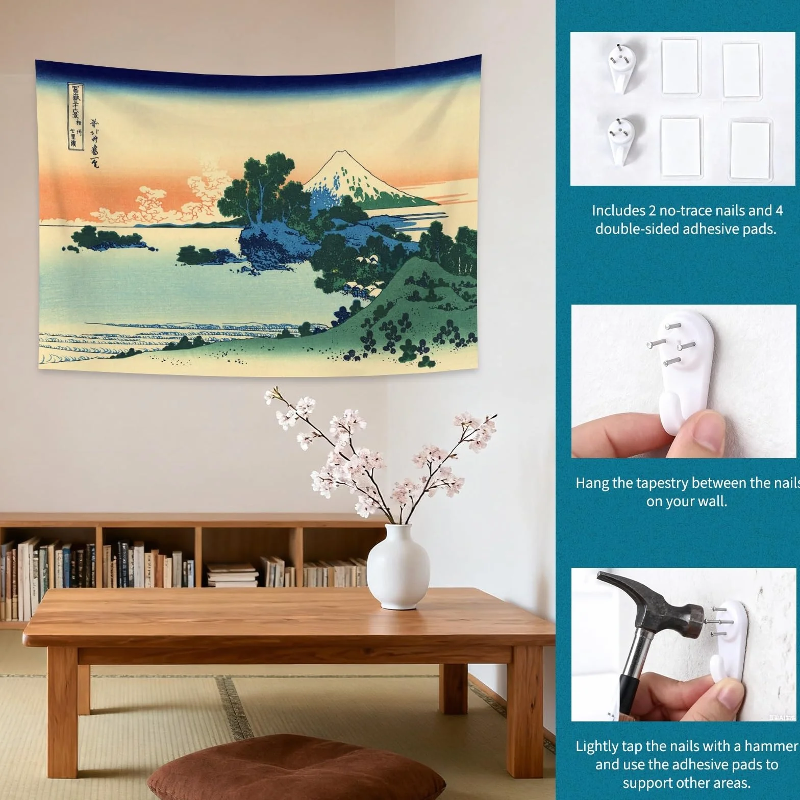 YONGFOTO 150x100cm Gobelin Ukiyo-e Góra Fuji 36 Widoków Wiszący na Ścianę w Pokoju Plaża Shichiri w Prowincji Sagami Krajobraz Sztuka Ściana Malarstwo Japońskie Tradycyjne Wzory Toyo Tapety