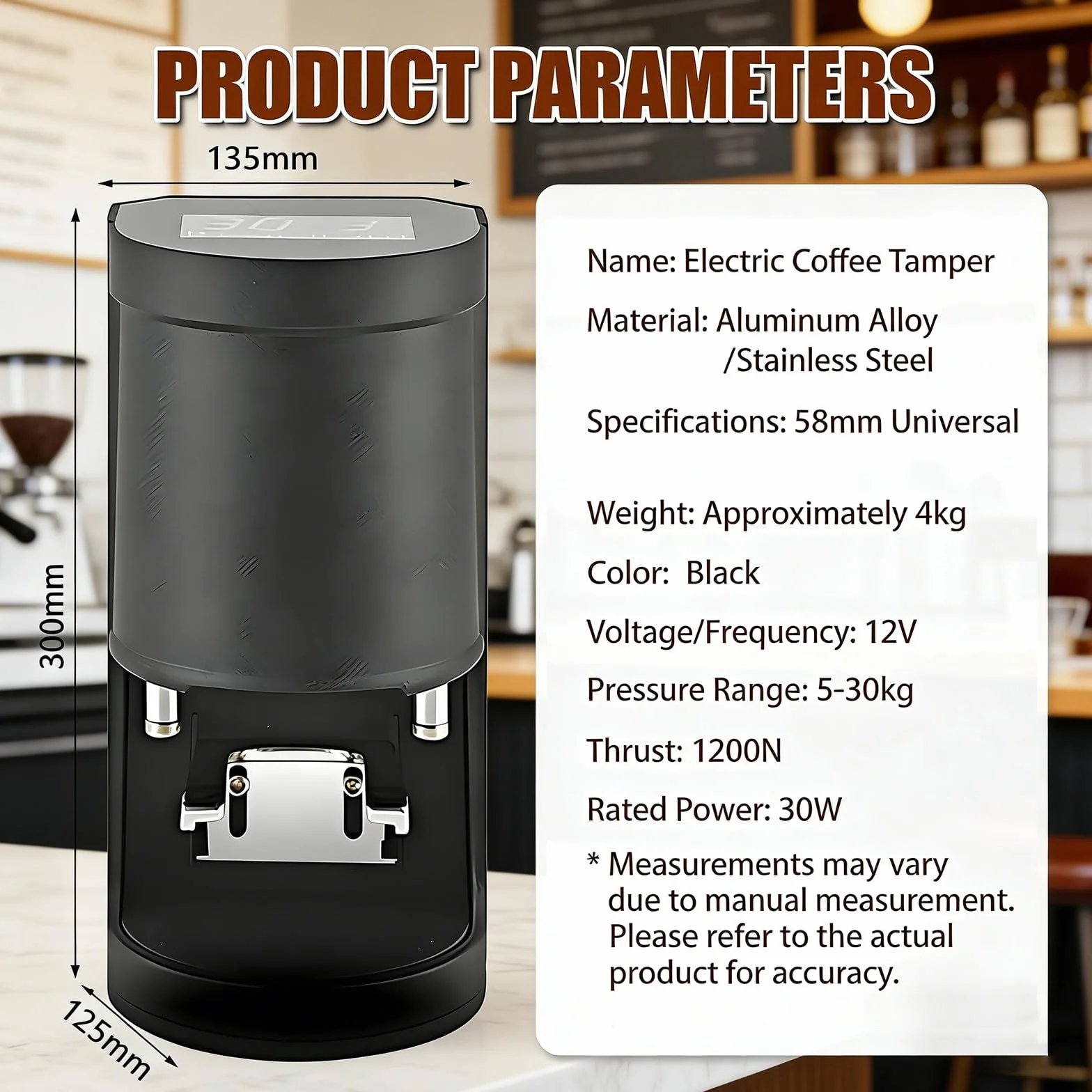 Ubijak do Kawy 58 Mm, Automatyczna Elektryczna Prasa do Kawy Ziarnistej Espresso, Nacisk 5-30 Kg, Regulowany Czas Ubijania od 1 do 3 Black-Threaded