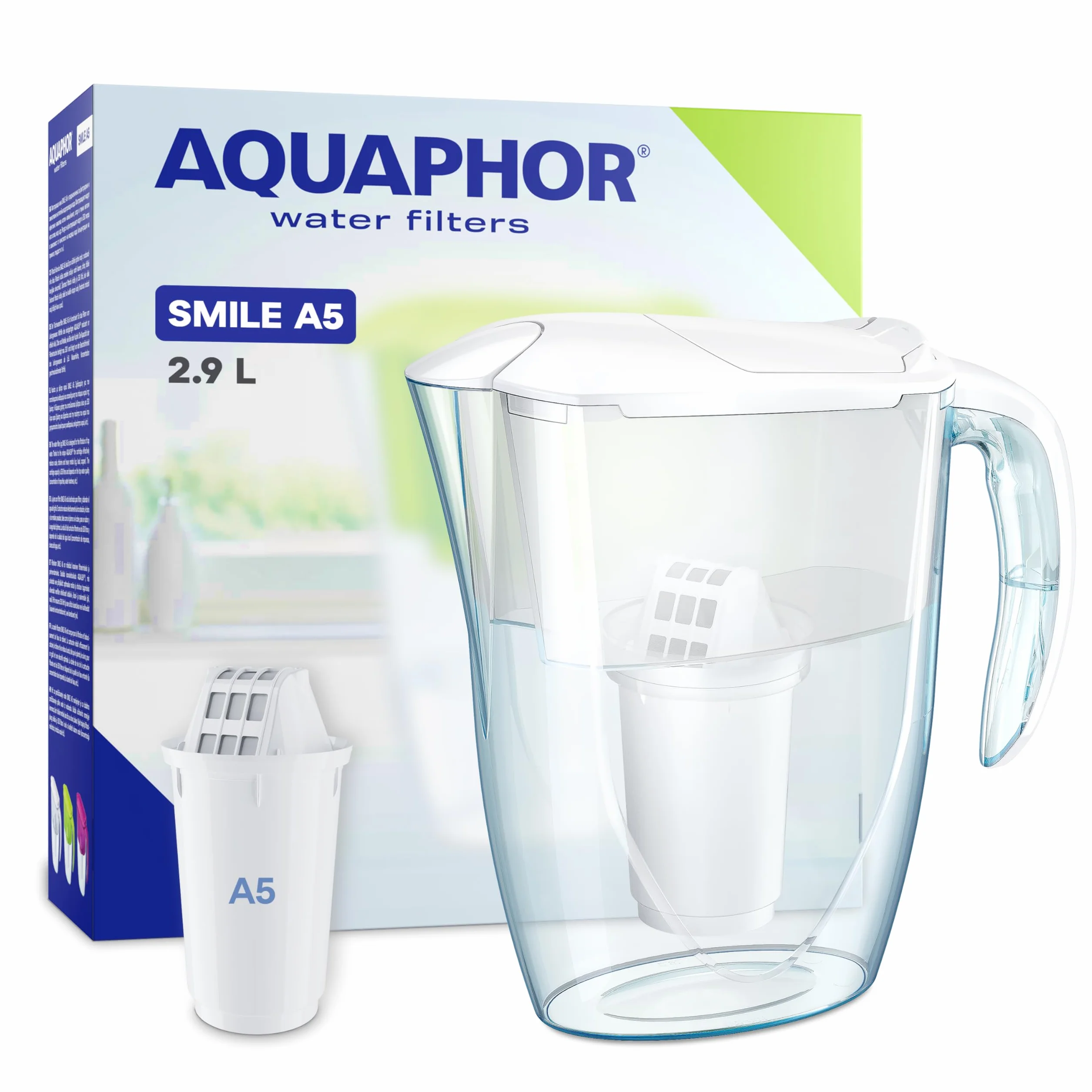 AQUAPHOR Filtr do wody Smile biały w zestawie z 1 filtrem A5 I redukuje wapno i chlor, karafka na 2,9 l, kompaktowy i lekki fiter do wody, pasuje do drzwi lodówki