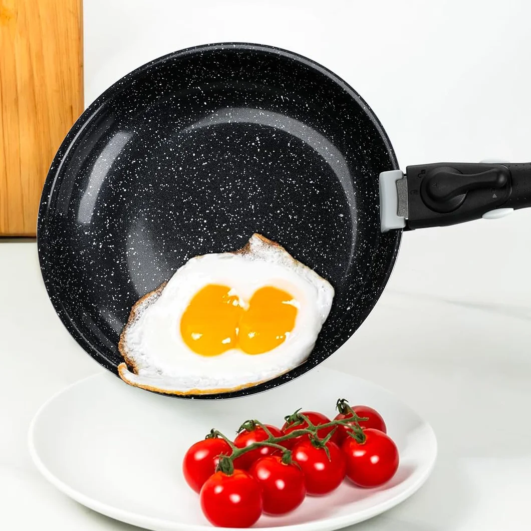 EliteHoff Zestaw patelni 20/24/28 cm z odpinanym uchwytem, marmurowa powłoka nieprzywierająca, patelnie indukcyjne do wszystkich rodzajów kuchenek, łatwe w czyszczeniu, kolor czarny