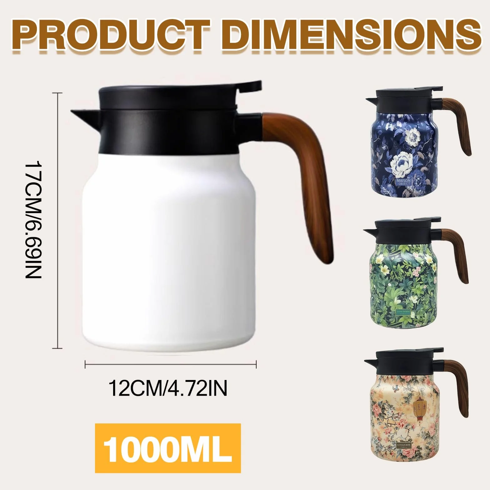 Termos do herbaty 1,0 l z sitkiem, dzbanek do herbaty ze stali nierdzewnej 316, termos 1000 ml z vintage wzorem kwiatowym z sitkiem do herbaty, karafka do kawy / termos do herbaty na dom, biuro