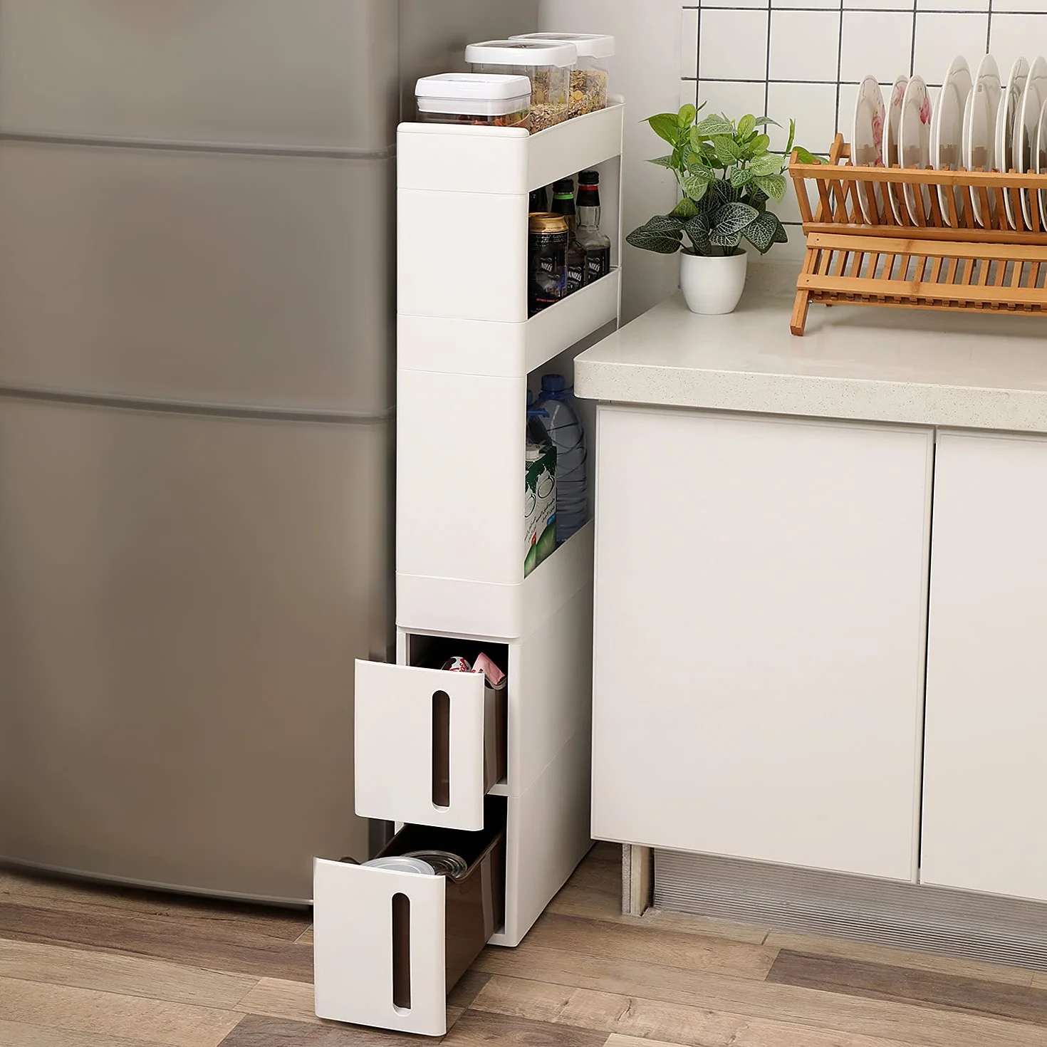 SONGMICS Wąskie Szafka wnękowa 3 półki 2 szuflady z kółkami 17 cm biała KFR06WT