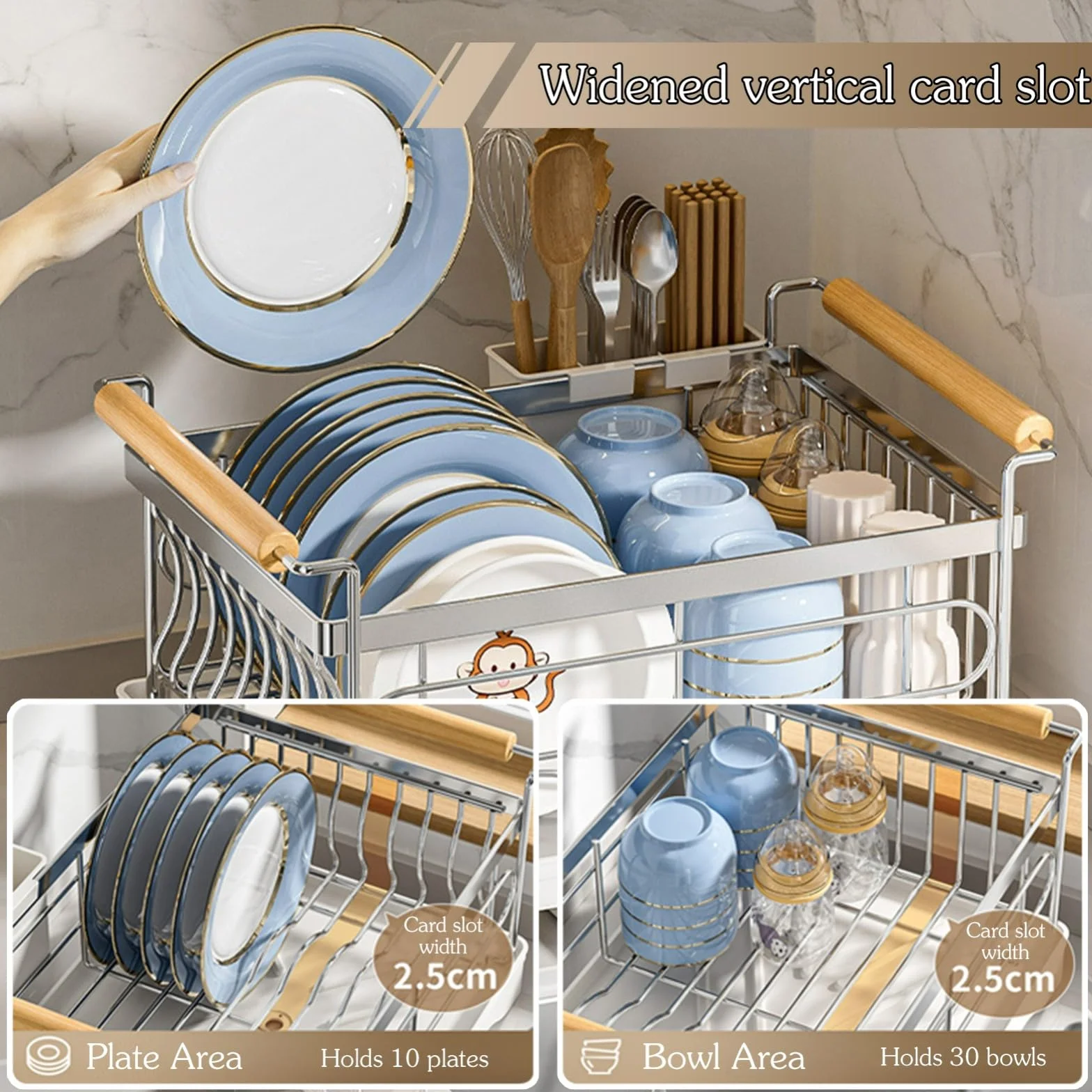 Ociekacz do naczyń, stojak na blaty kuchenne z drewnianymi uchwytami, kompaktowy, jednopoziomowy ociekacz ze stali nierdzewnej, uchwyt na przybory, miski/filiżanki/talerze (Sch