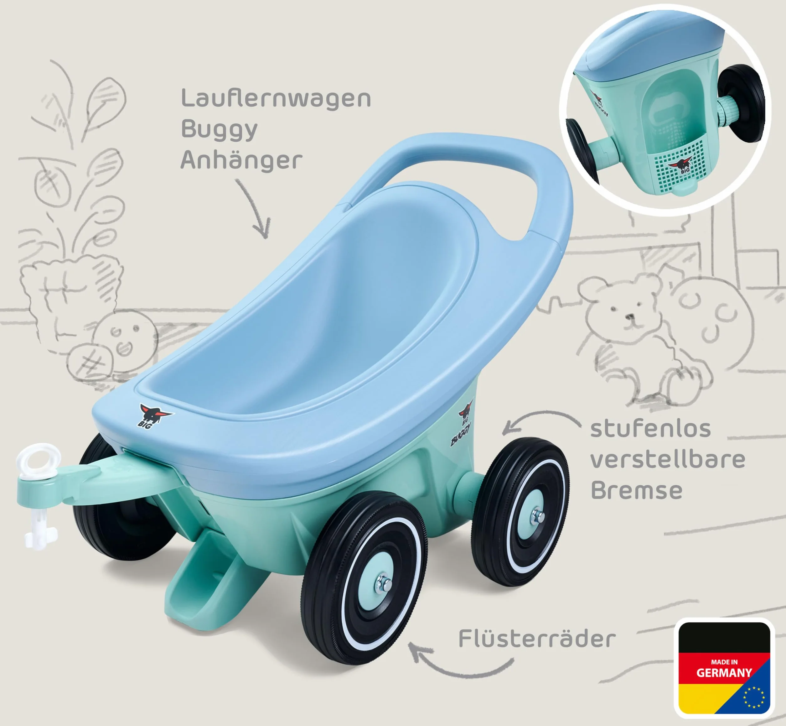 Big Buggy 3 w 1 wózek do nauki chodzenia z regulowaną funkcją hamowania, przyczepa, w zestawie 4 kółka szeptane, niebiesko-turkusowy Big Buggy, dla dzieci od 1 roku życia