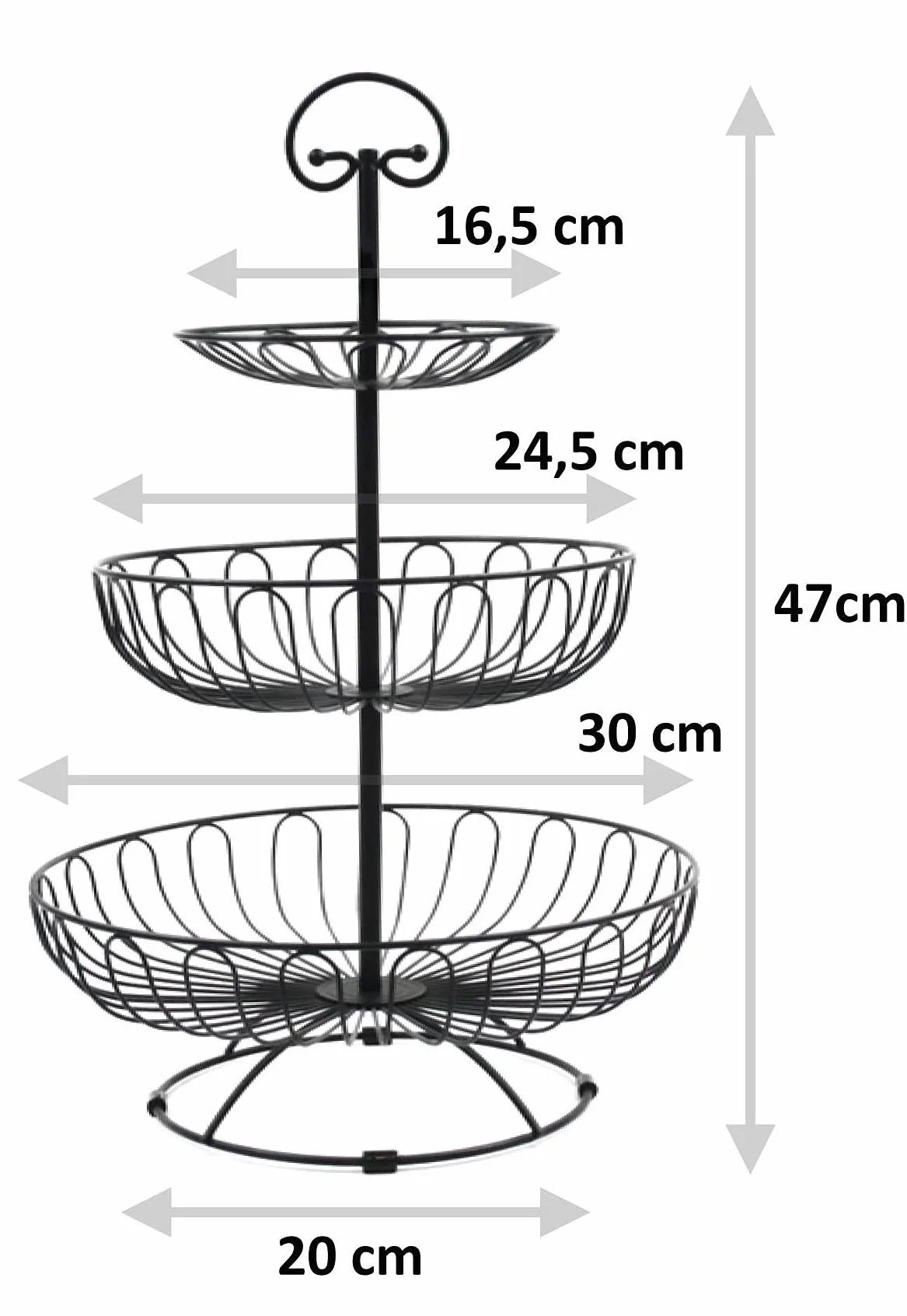 Filigranowa etażerka na owoce, 3-poziomowa, okrągła, średnica = 30 cm, wysokość 47 cm, kosz na owoce, miska na owoce, metalowa, czarno-matowa, dekoracyjna, zapewnia więcej miejsca na blacie