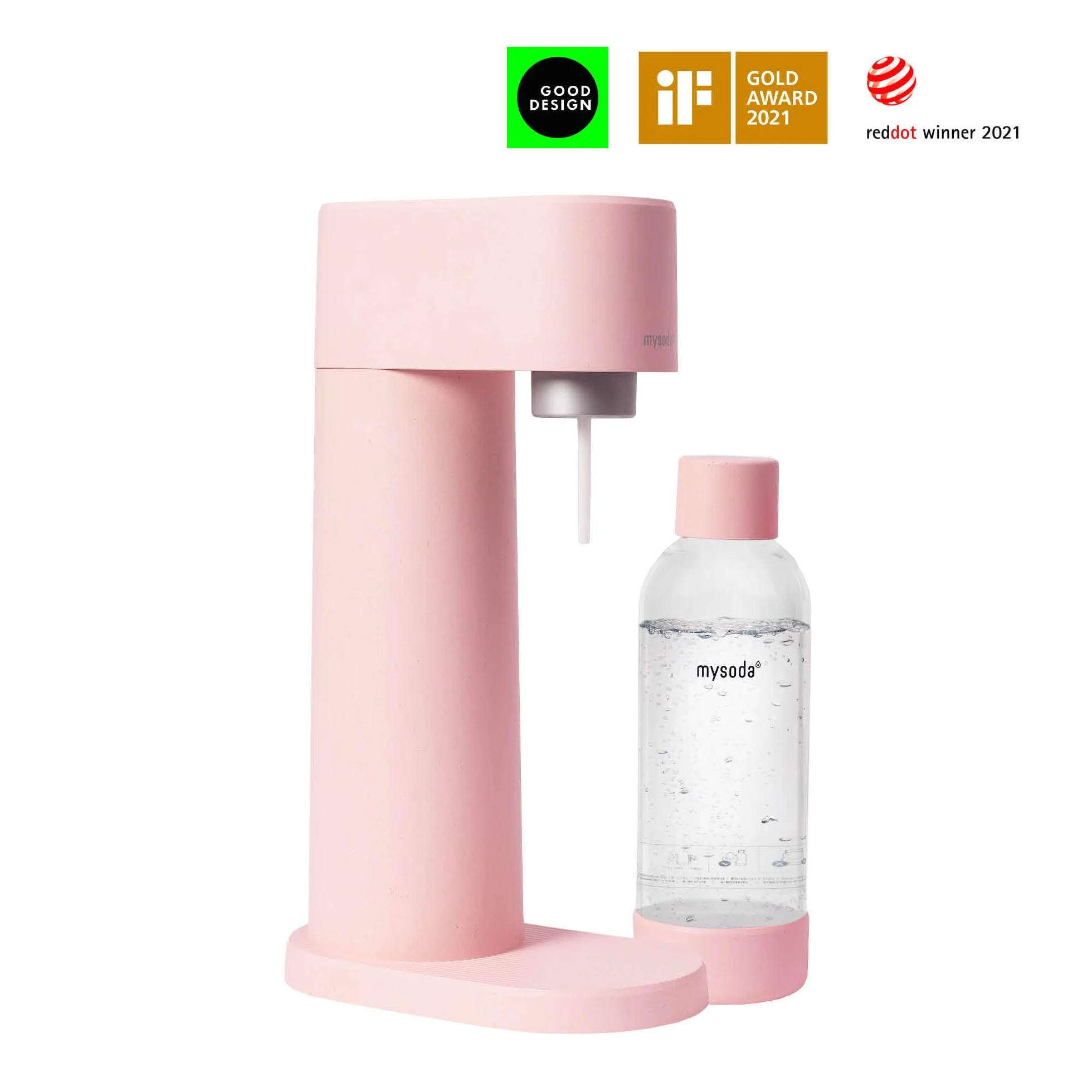 Mysoda: Woody zestaw saturatora z odnawialnego kompozytu drewnianego, z plastikową butelką Quick-Lock 1 l, bez BPA i cylindrem CO2, różowy