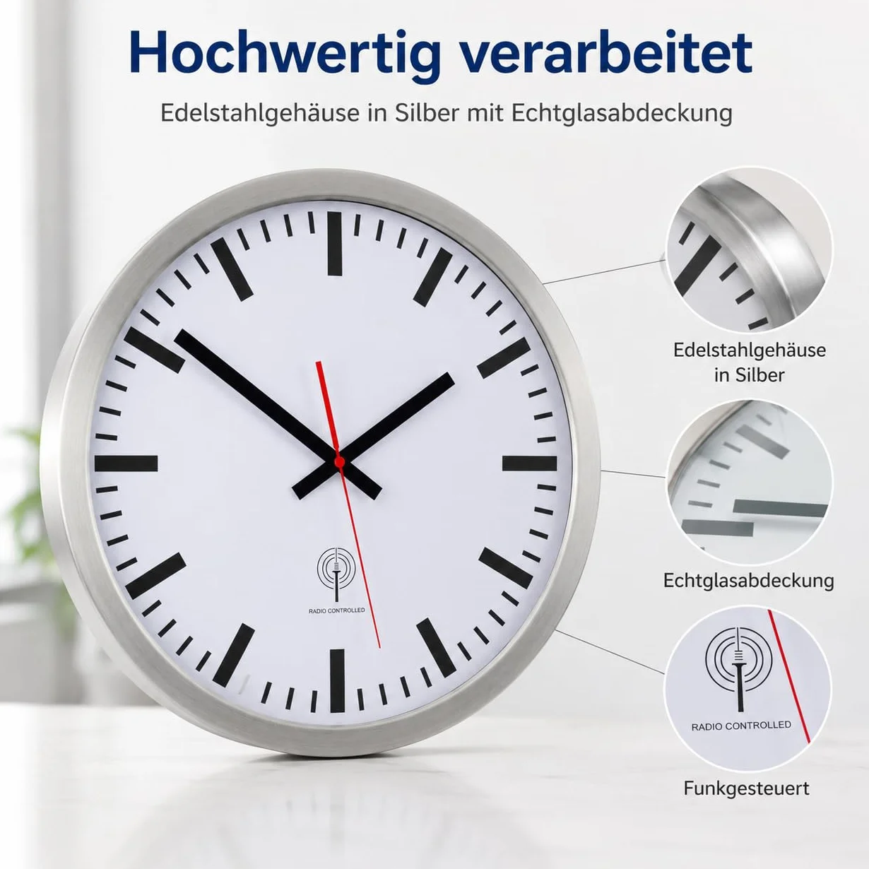 Eurotime 56862-07 radiowy zegar ścienny, 40 cm, srebrna obudowa ze stali nierdzewnej, prawdziwe szkło, tarcza stacji, automatyczna zmiana czasu, zegar ścienny do salonu lub