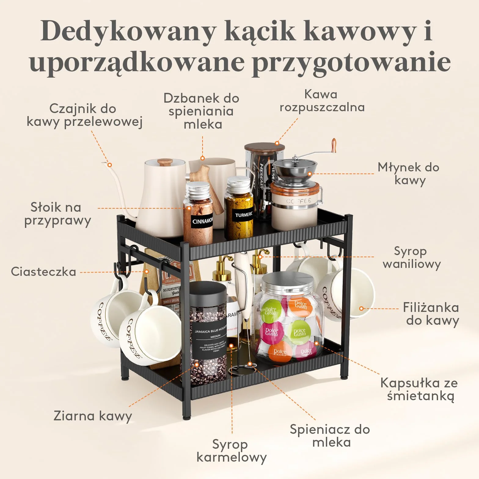 Lifewit 2-Poziomowy Plastikowy Uchwyt na Kubki z Metalowym Stojakiem, Organizer na Kawę do Biura z 4 Haczykami na Kubki, Organizer na Przyprawy do Szafki Kuchennej, Blat Kuchenny, Czarny
