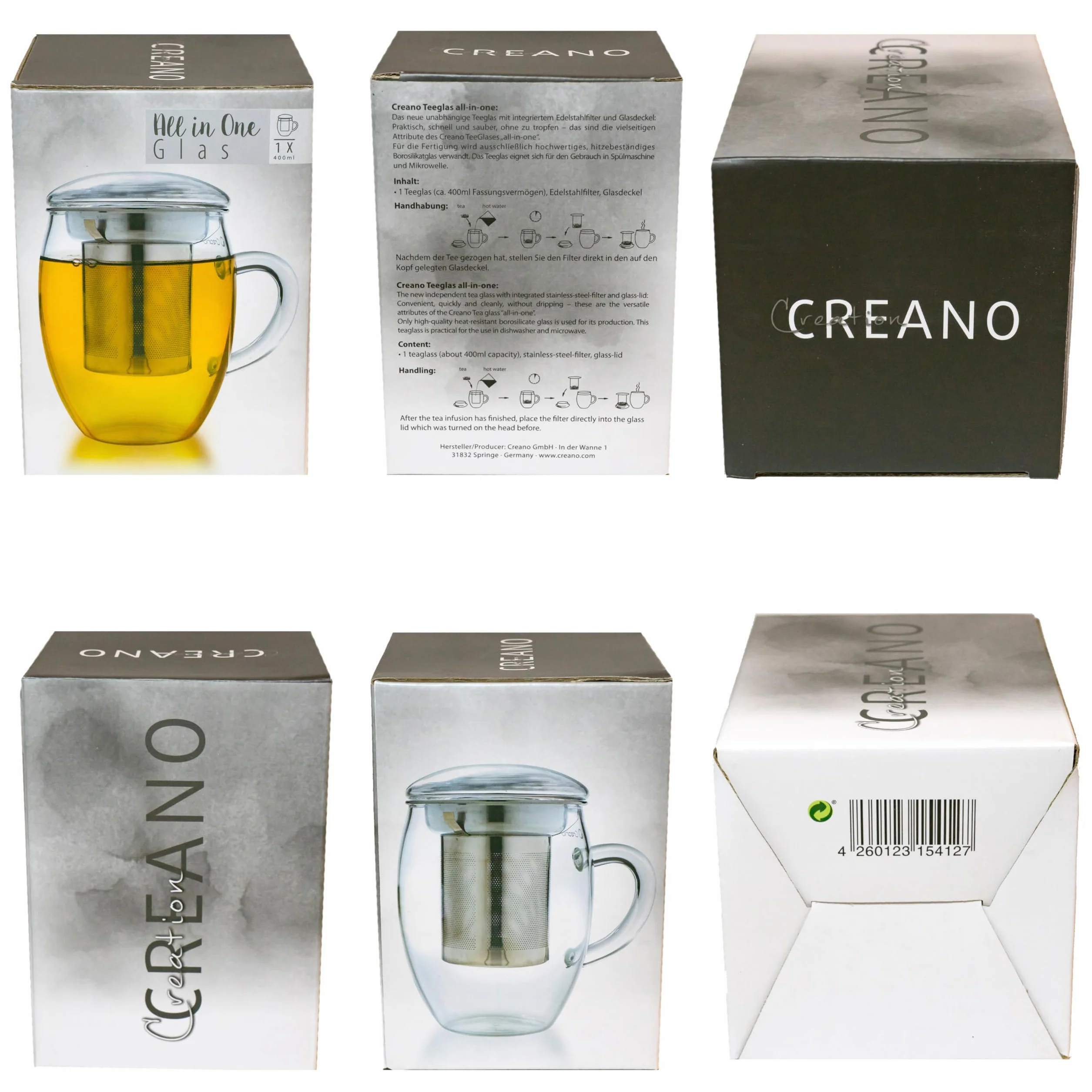 Creano Szklanka do herbaty all in one 400 ml, duża filiżanka do herbaty z sitkiem ze stali nierdzewnej i pokrywką ze szkła, zaparzacz do herbaty w atrakcyjnym opakowaniu prezentowym (1 x 400 ml)