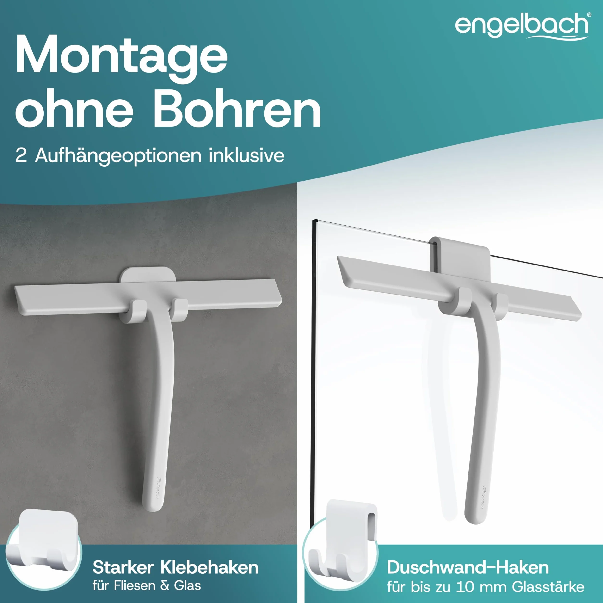 Engelbach® Ściągaczka do prysznica – bez smug i bez piszczenia – ergonomiczna ściągaczka z antypoślizgowym uchwytem – ściągaczka do okien, w zestawie 2 uchwyty, 21cm, Biały