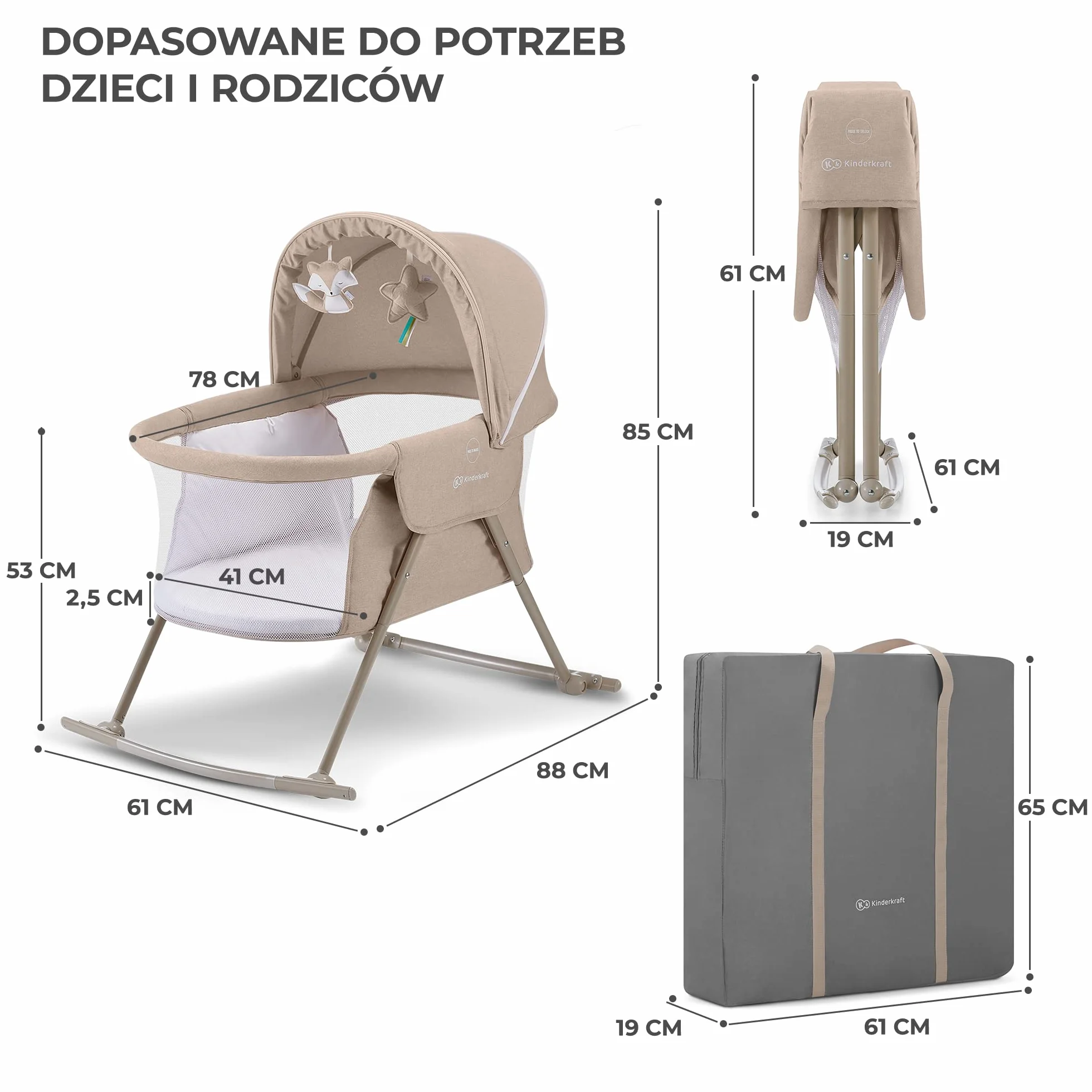Kinderkraft Łóżeczko dziecięce 3w1 LOVI, Łóżko turystyczne, Kołyska, Proste składanie, Pałąc z zestawem zabawek i moskitera w zestawie, Regulowana budka, Torba ułatwiająca transport, Beżowy