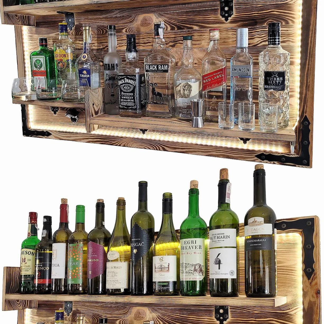 weeco Regał wiszący na ścianie, oświetlenie LED, rustic alkoholowy stojak, regał ścienny, stojak na whisky