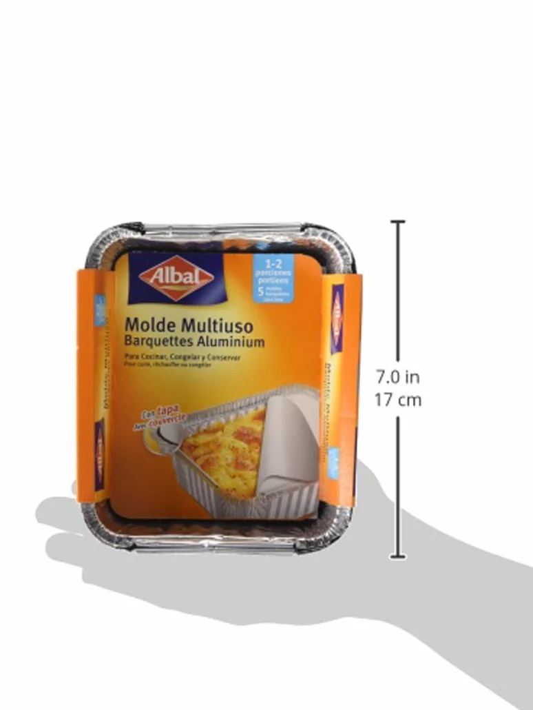 Albal Formy aluminiowe 204080-0,5 l, 14 x 13 x 6,5 cm z pokrywką, jednorazowe, wielofunkcyjne do grillowania, zamrażania i konserwowania, 1-2 porcje, 5 sztuk