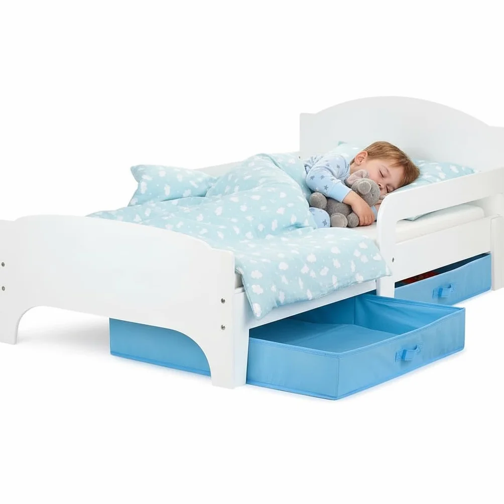 Leomark łóżko dziecięce SMART 70 x140 cm pojedyncze łóżeczko z szufladami na pościel, materacem i barierką ochronną Białe + niebieskie szuflady