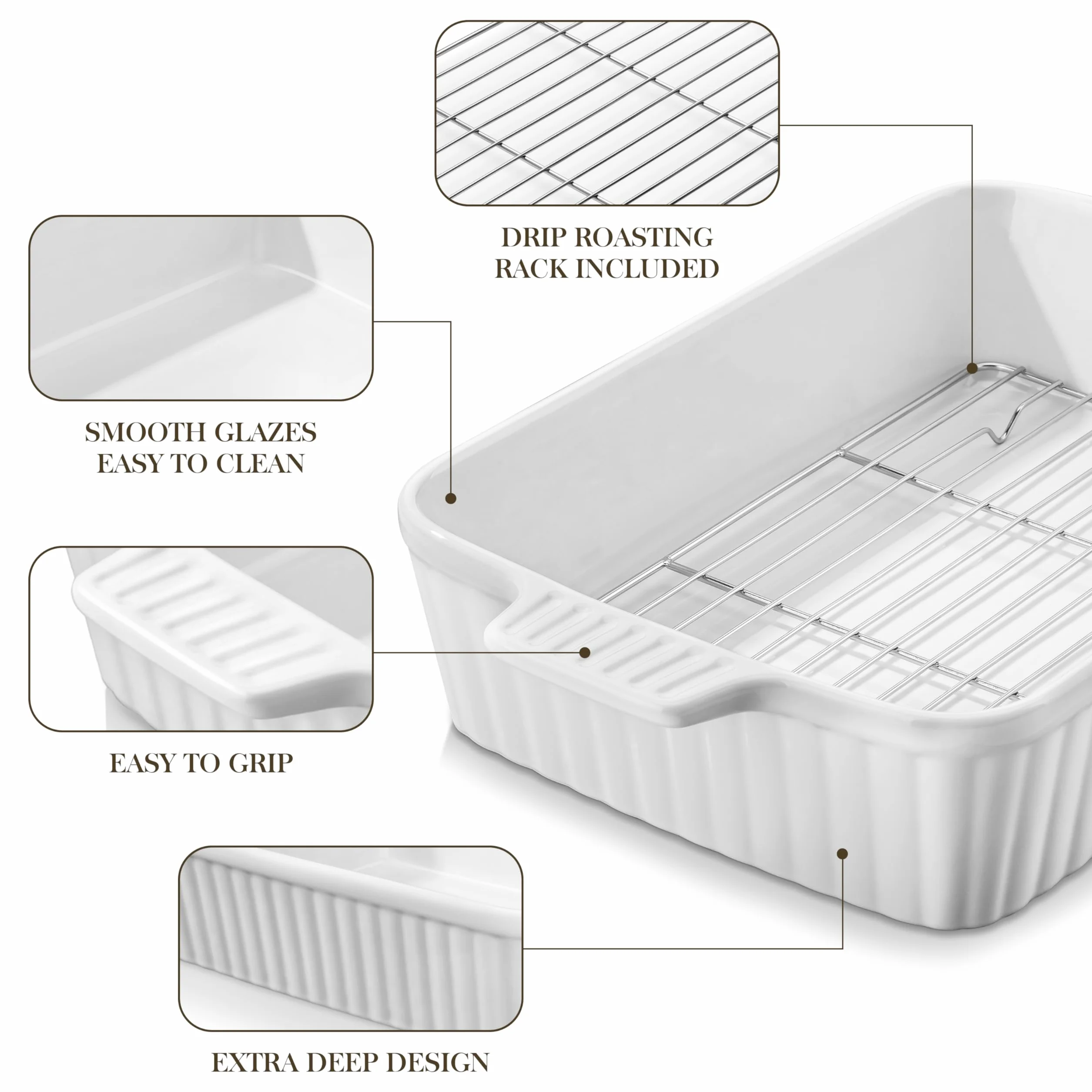 MALACASA Naczynie do pieczenia 4,15 L z rusztem, duże naczynie do zapiekanek 9x13, ceramiczna patelnia do pieczenia z rusztem, prostokątna głęboka patelnia do lasagne z uchwytami do pieczenia, trwała