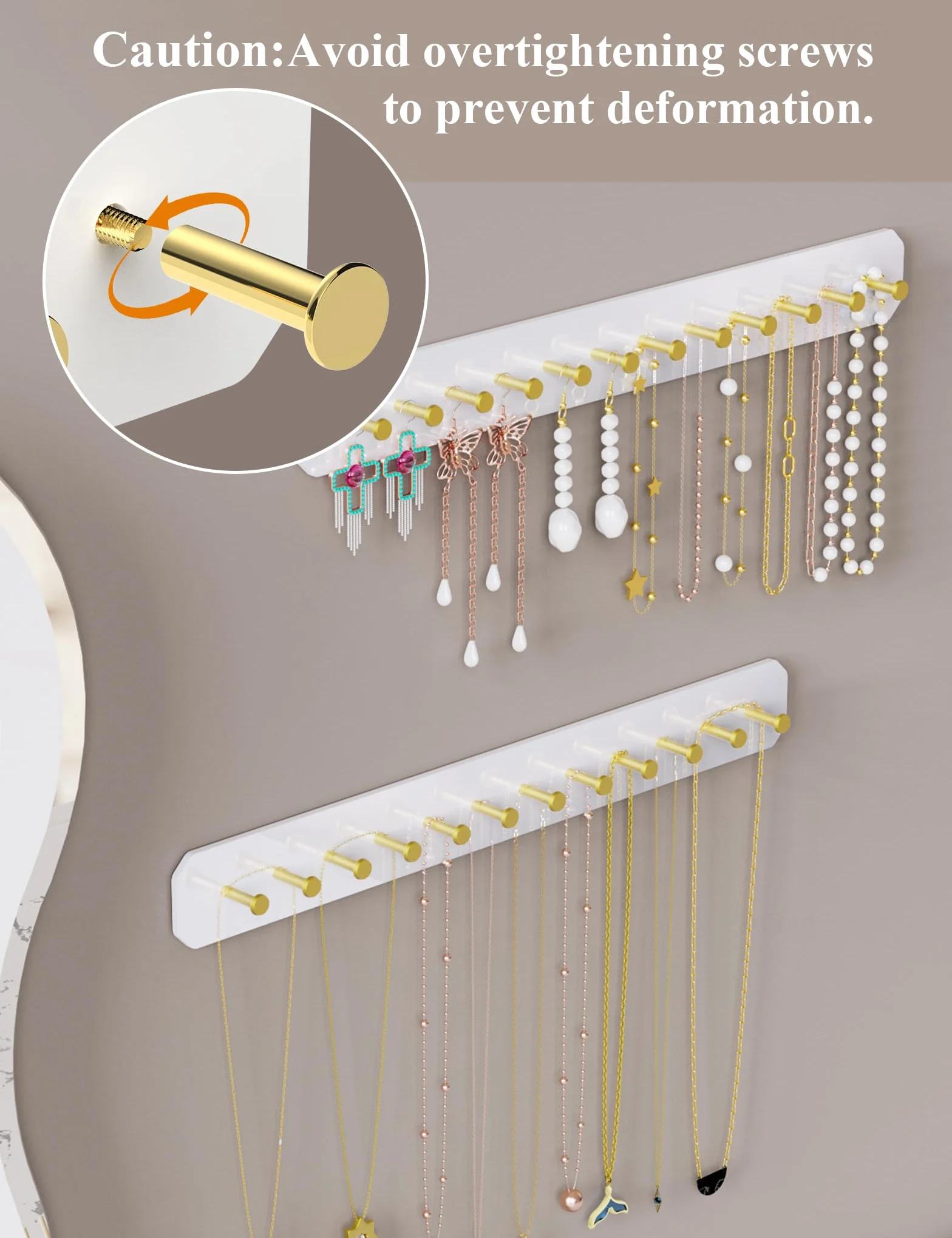 NiHome Naścienny akrylowy organizer na biżuterię, 2 sztuki, trwały, elegancki stojak, mocne haczyki ze stali węglowej, na toaletkę, do łazienki, kuchni, bezproblemowy montaż, wiele opcji montażu