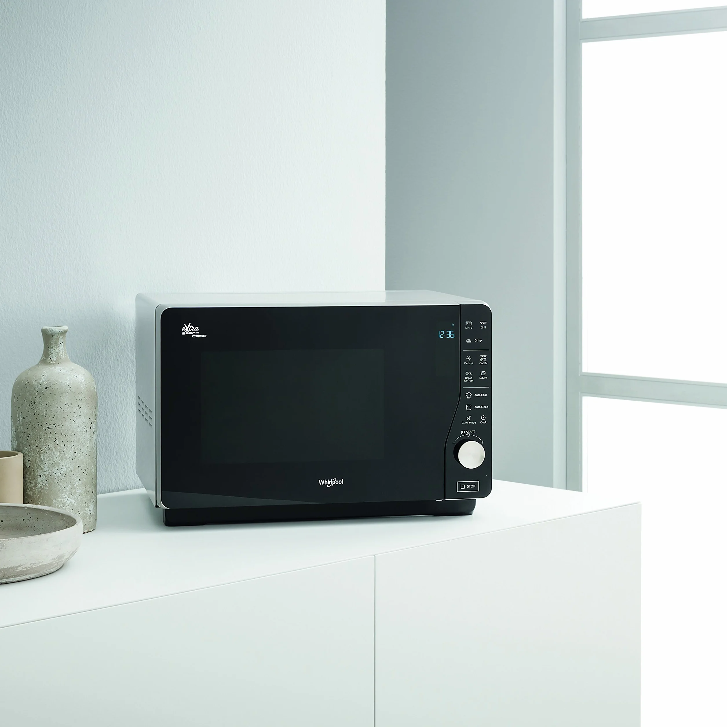 Whirlpool MWF 427 SL kuchenka mikrofalowa Extra Space + grill, pojemność 25 l, kolor srebrny, z steamerem, wysoki grill, płaski ruszt i wysoki ruszt Crisp + uchwyt, 800 + 1000 W