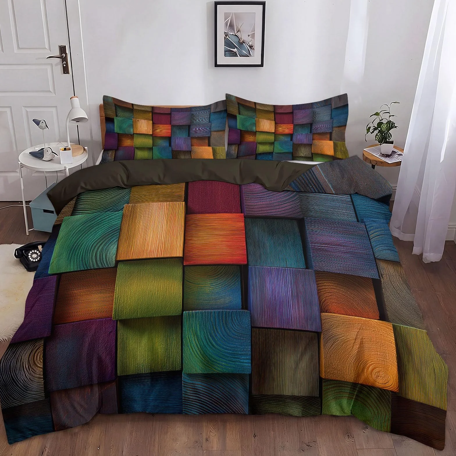 Générique Kolorowe drewniane klocki poszwa na kołdrę 220x200cm, zestawy pościeli z miękkiej mikrofibry abstrakcyjna geometria zestaw pościeli, zielony zestaw pościeli z 2 poszewkami na poduszki 65x65